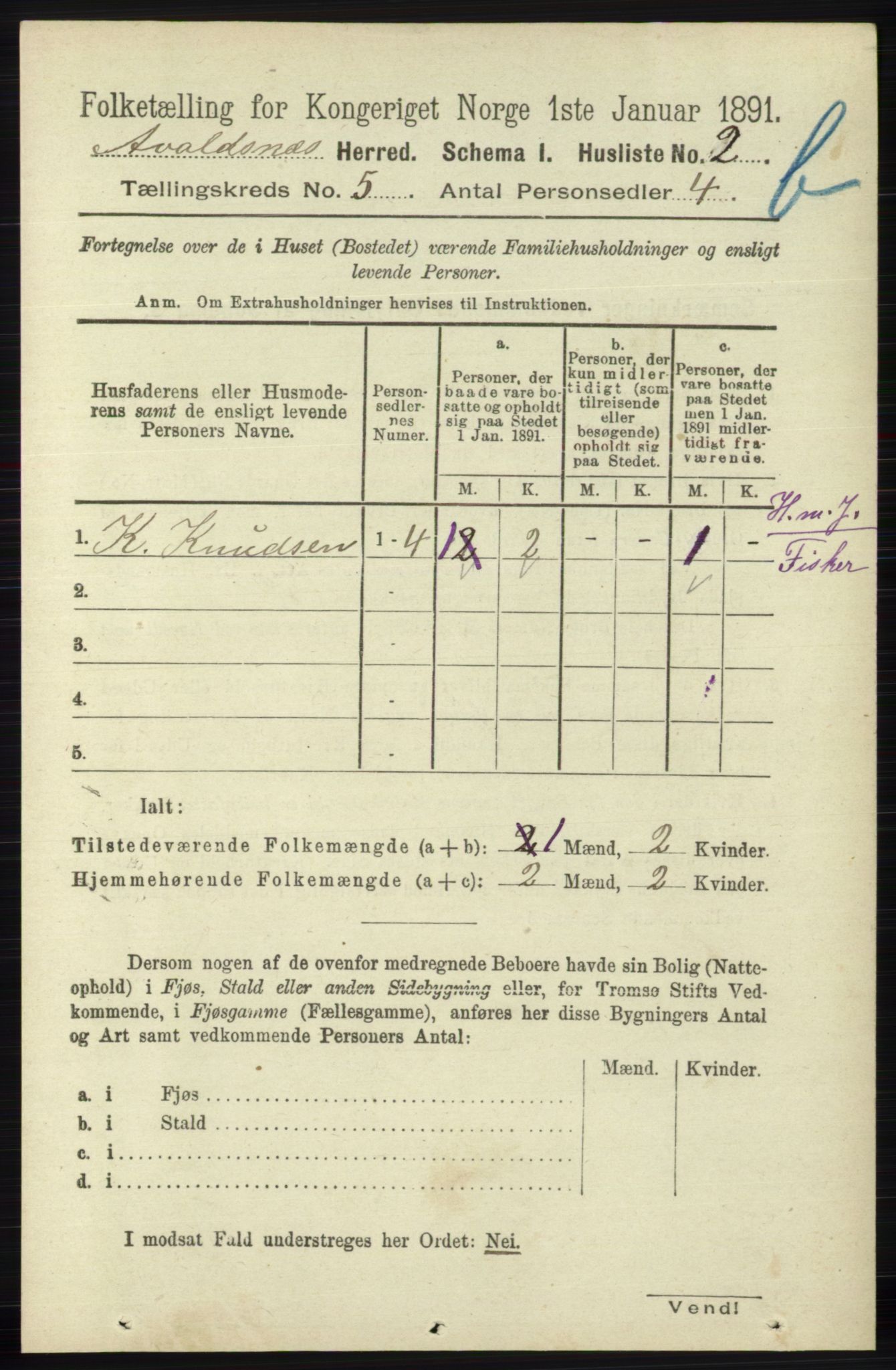 RA, 1891 census for 1147 Avaldsnes, 1891, p. 2990