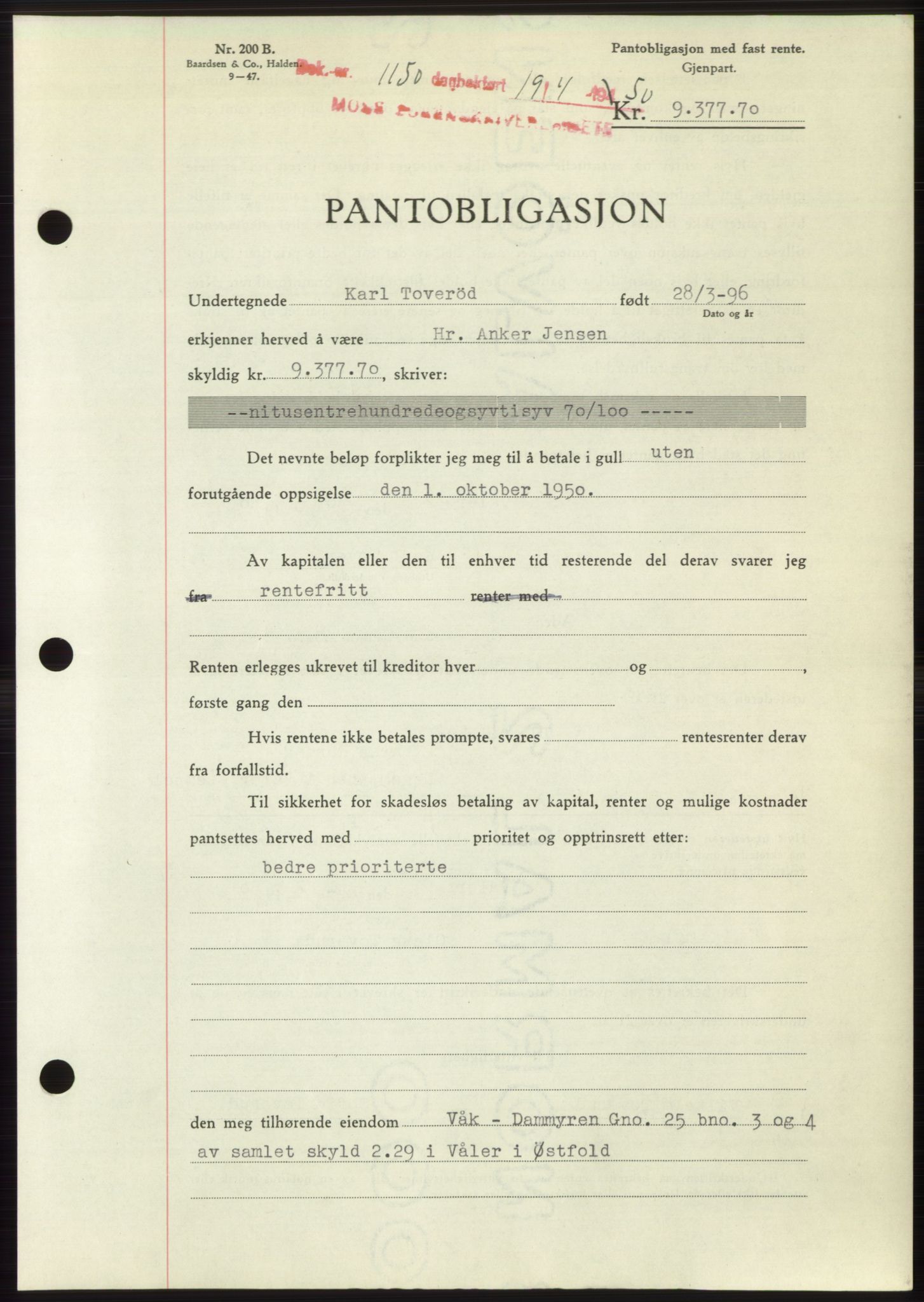 Moss sorenskriveri, AV/SAO-A-10168: Mortgage book no. B24, 1950-1950, Diary no: : 1150/1950