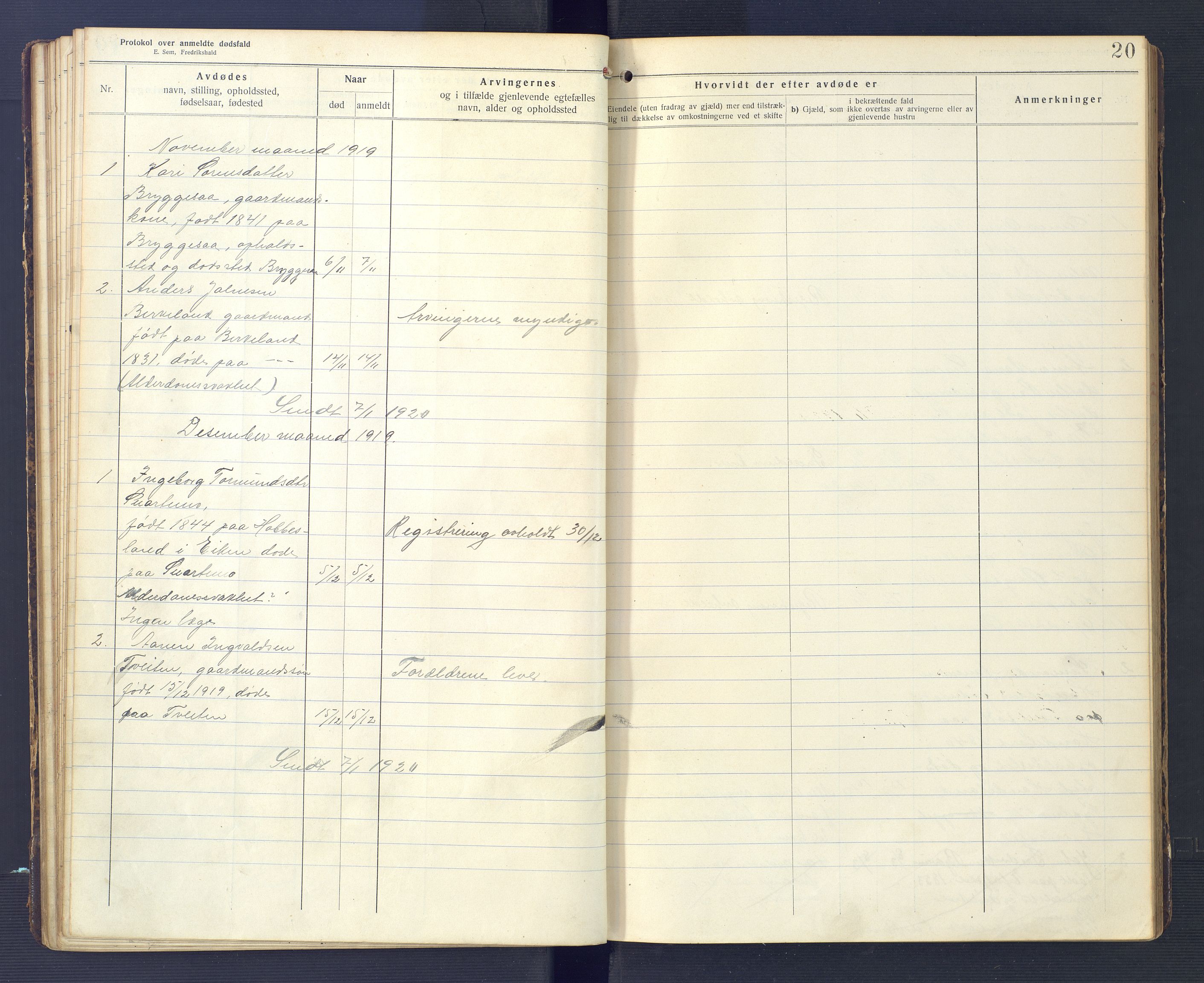 Hægebostad og Eiken lensmannskontor, AV/SAK-1241-0023/F/Fe/L0002: Dødsfallsprotokoll nr 34, 1917-1932, p. 20