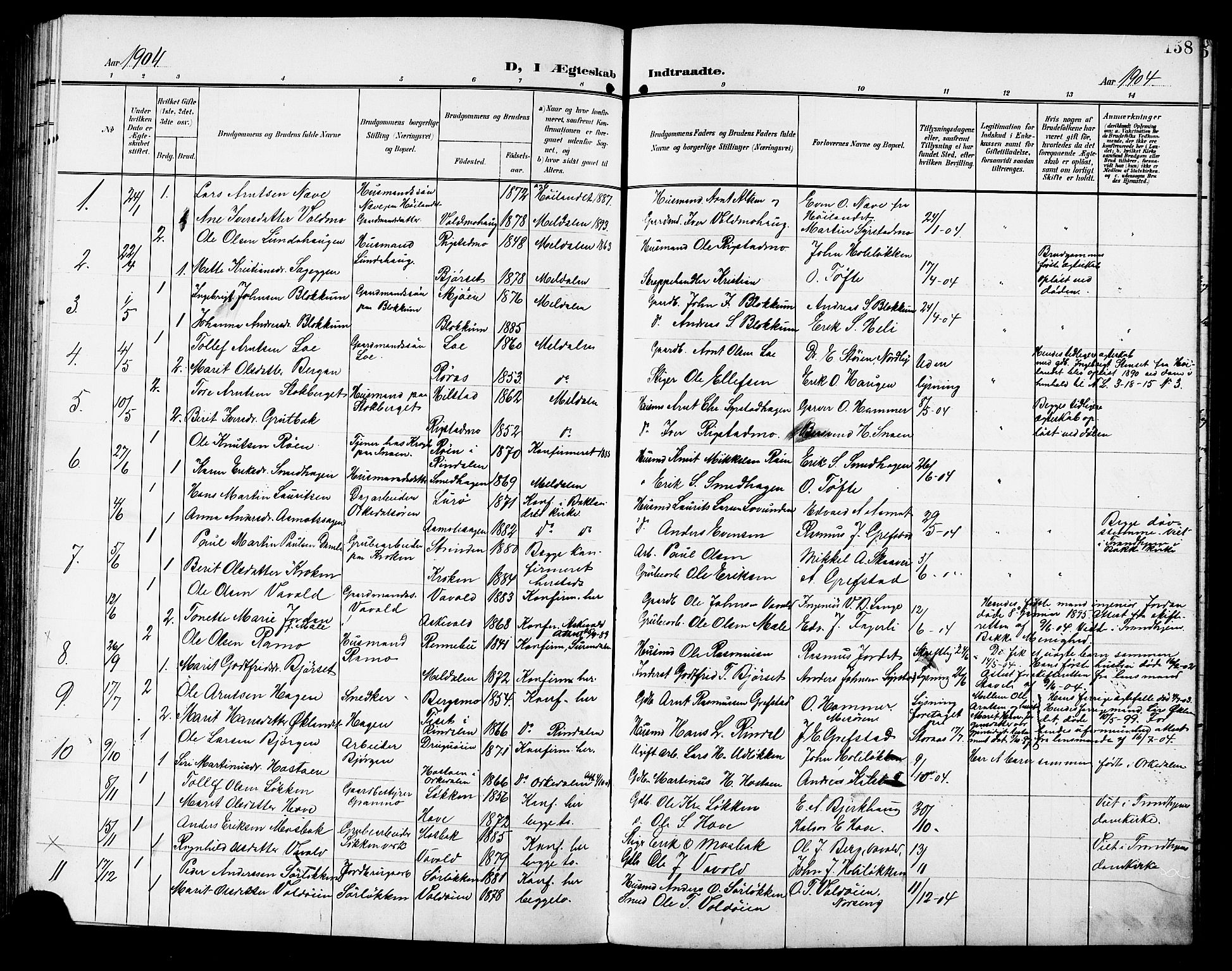 Ministerialprotokoller, klokkerbøker og fødselsregistre - Sør-Trøndelag, SAT/A-1456/672/L0864: Parish register (copy) no. 672C03, 1902-1914, p. 158