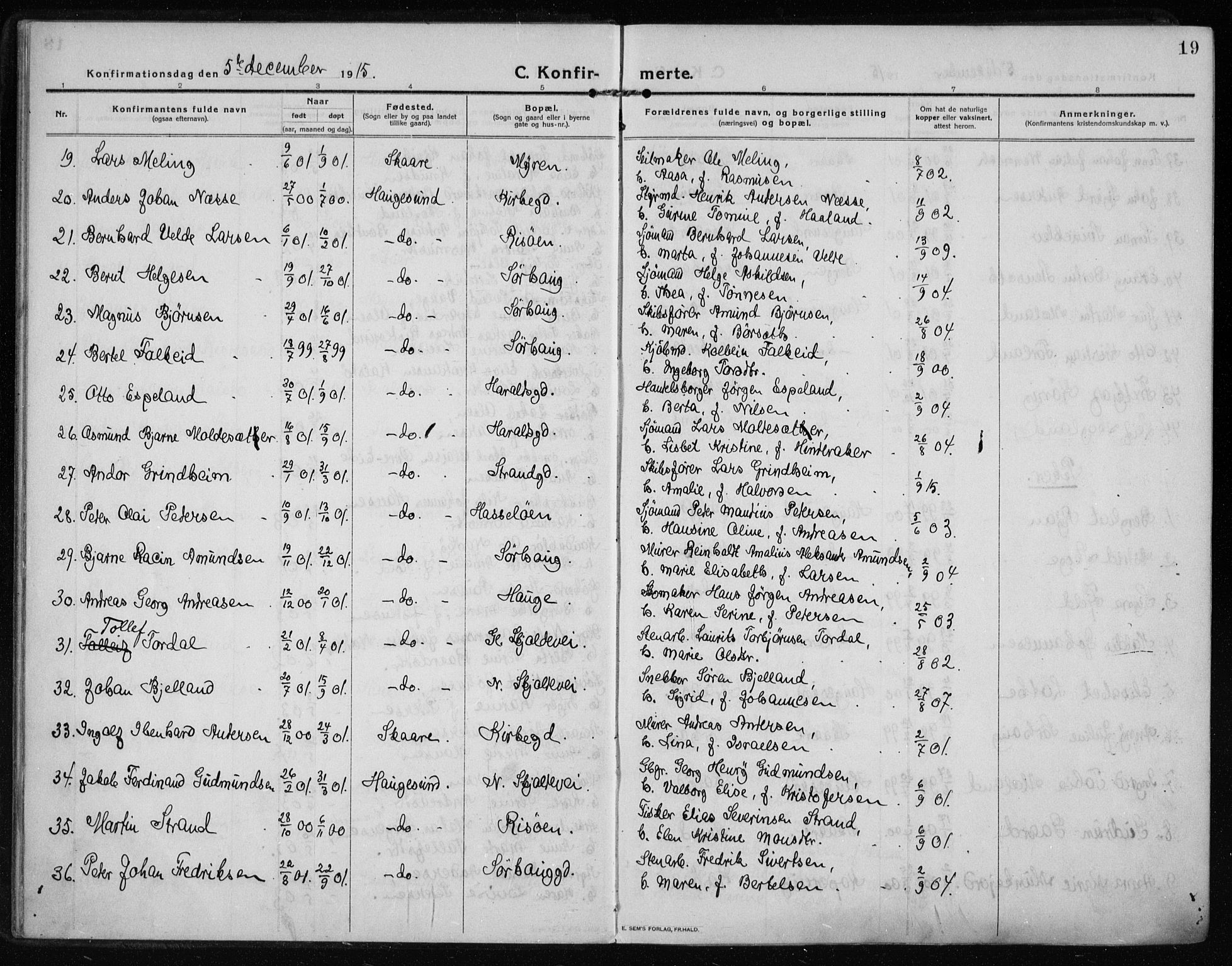 Haugesund sokneprestkontor, AV/SAST-A -101863/H/Ha/Haa/L0009: Parish register (official) no. A 9, 1914-1929, p. 19