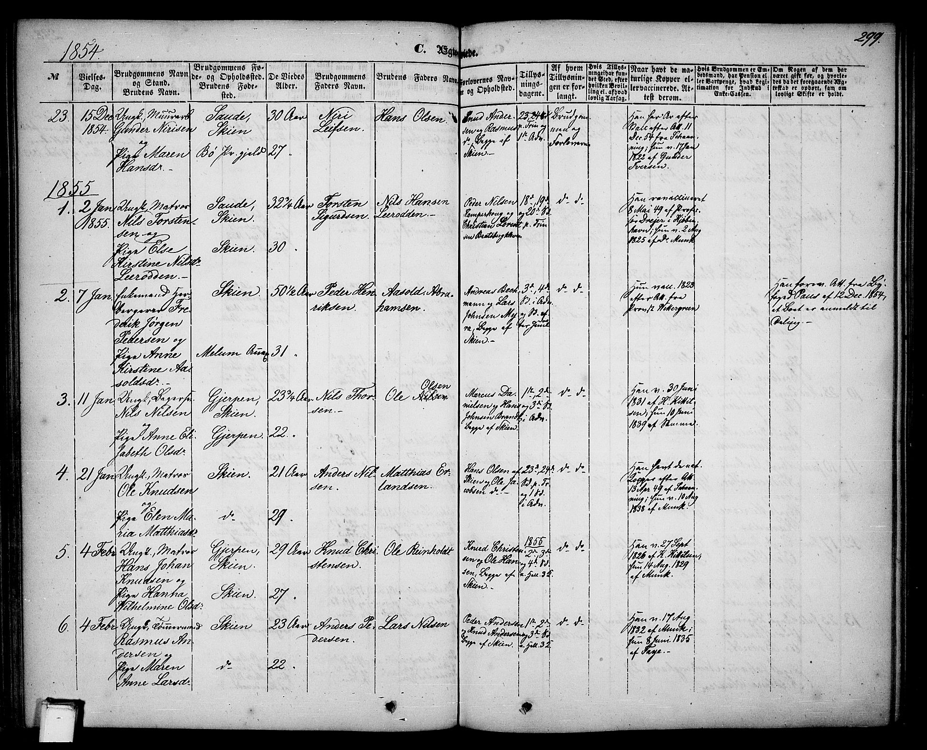 Skien kirkebøker, SAKO/A-302/G/Ga/L0004: Parish register (copy) no. 4, 1843-1867, p. 299