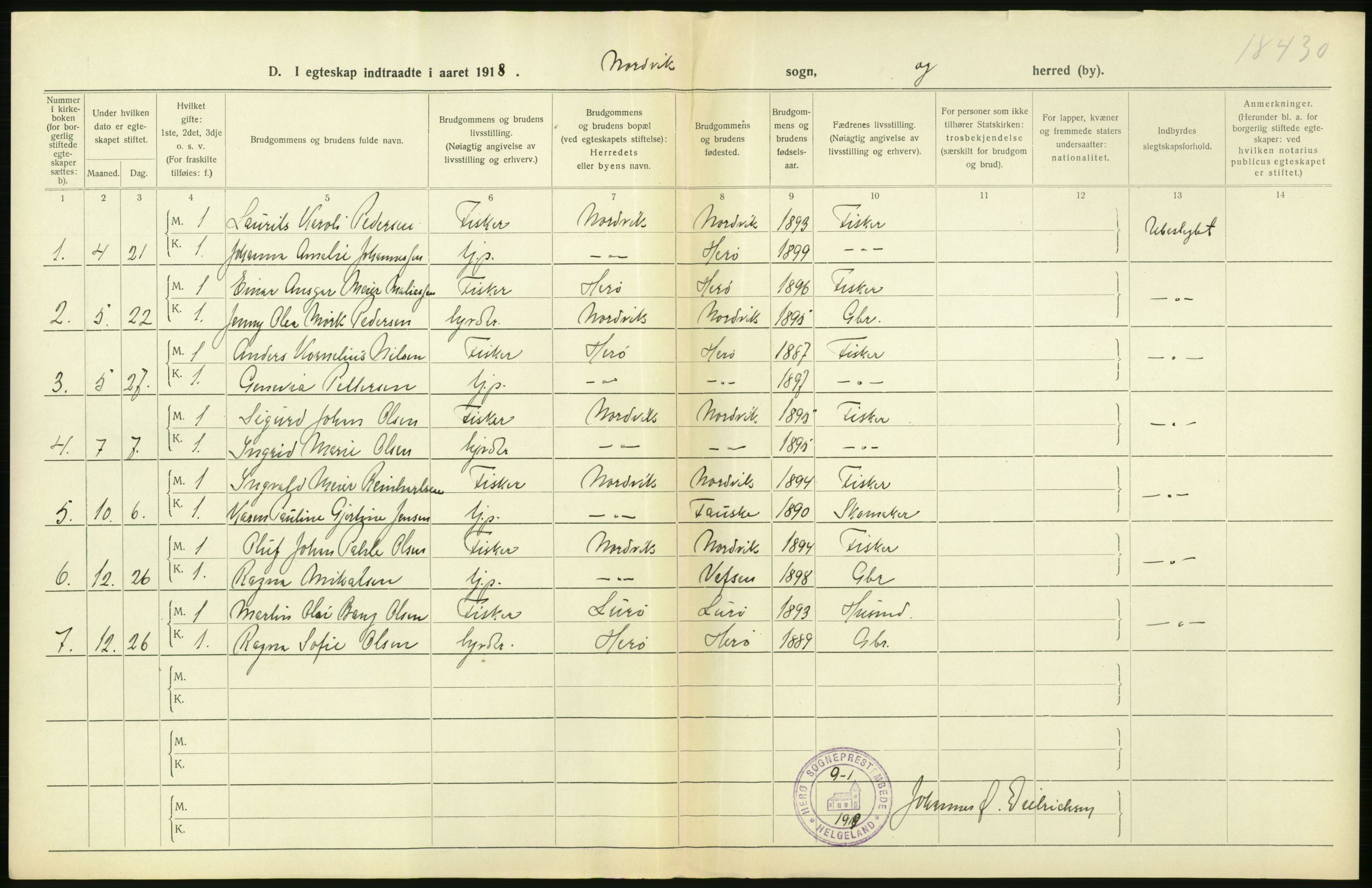 Statistisk sentralbyrå, Sosiodemografiske emner, Befolkning, RA/S-2228/D/Df/Dfb/Dfbh/L0054: Nordland fylke: Gifte, dødfødte. Bygder og byer., 1918, p. 70