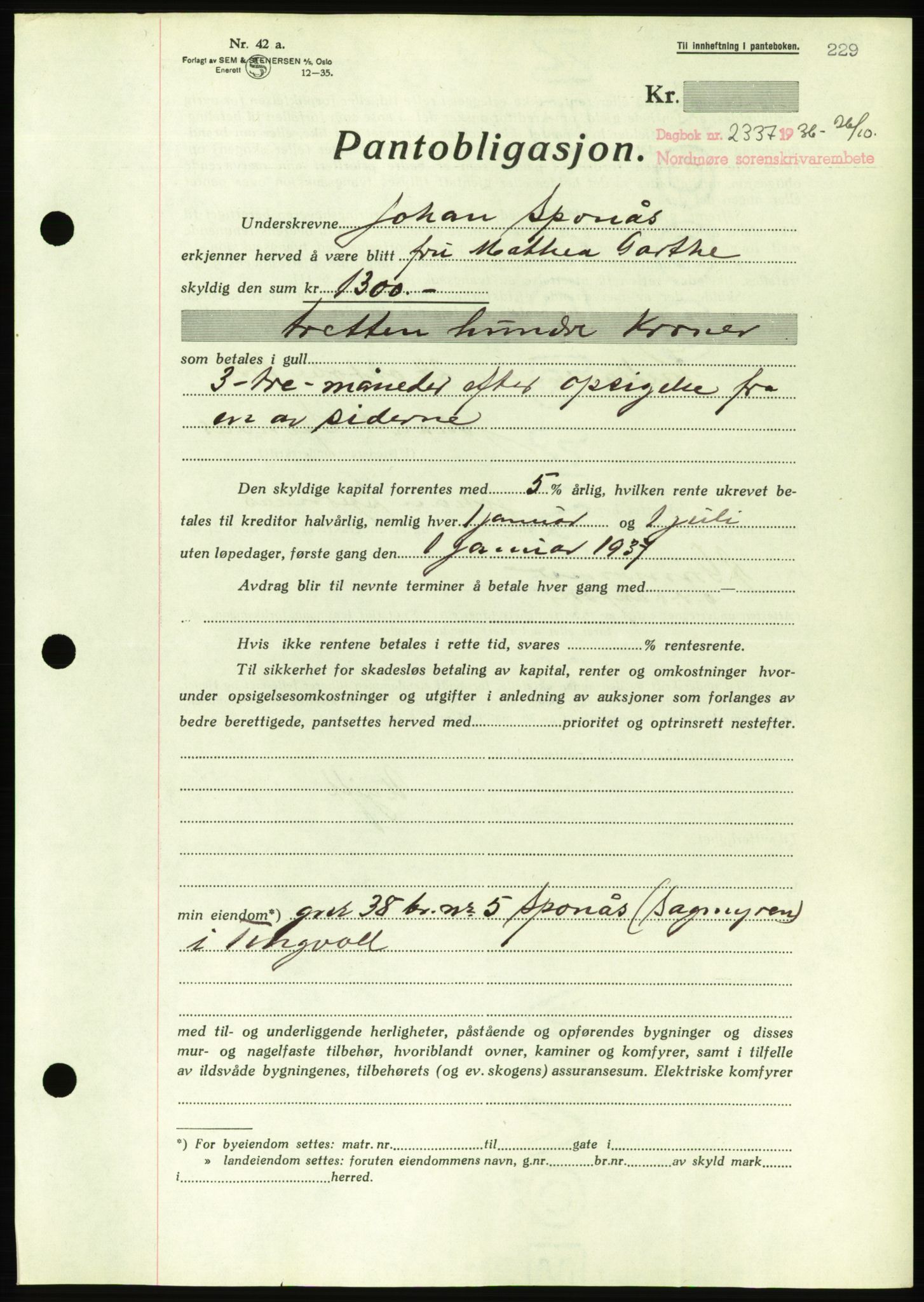 Nordmøre sorenskriveri, AV/SAT-A-4132/1/2/2Ca/L0090: Mortgage book no. B80, 1936-1937, Diary no: : 2337/1936