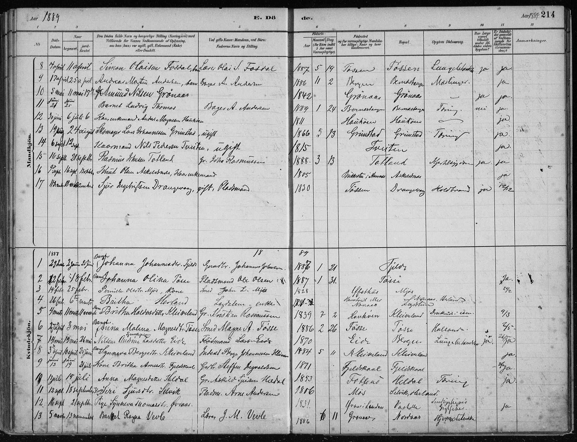 Hosanger sokneprestembete, AV/SAB-A-75801/H/Haa: Parish register (official) no. B  1, 1880-1896, p. 214