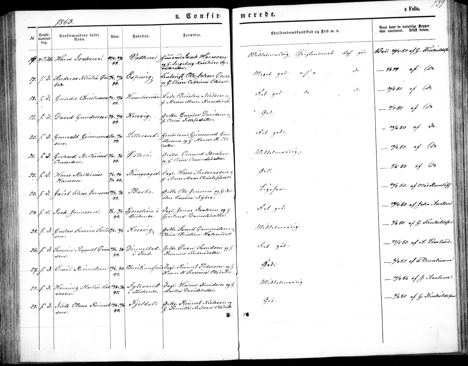 Vestre Moland sokneprestkontor, AV/SAK-1111-0046/F/Fb/Fbb/L0004: Parish register (copy) no. B 4, 1861-1872, p. 139