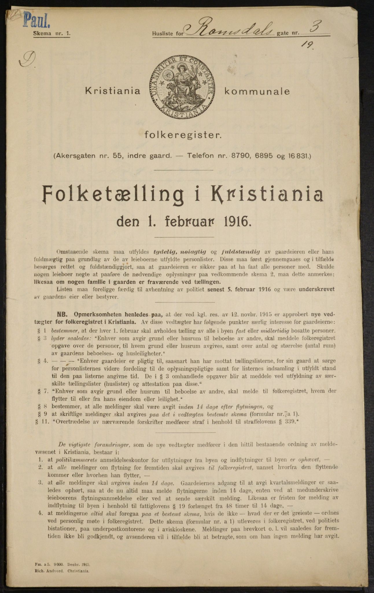 OBA, Municipal Census 1916 for Kristiania, 1916, p. 85345