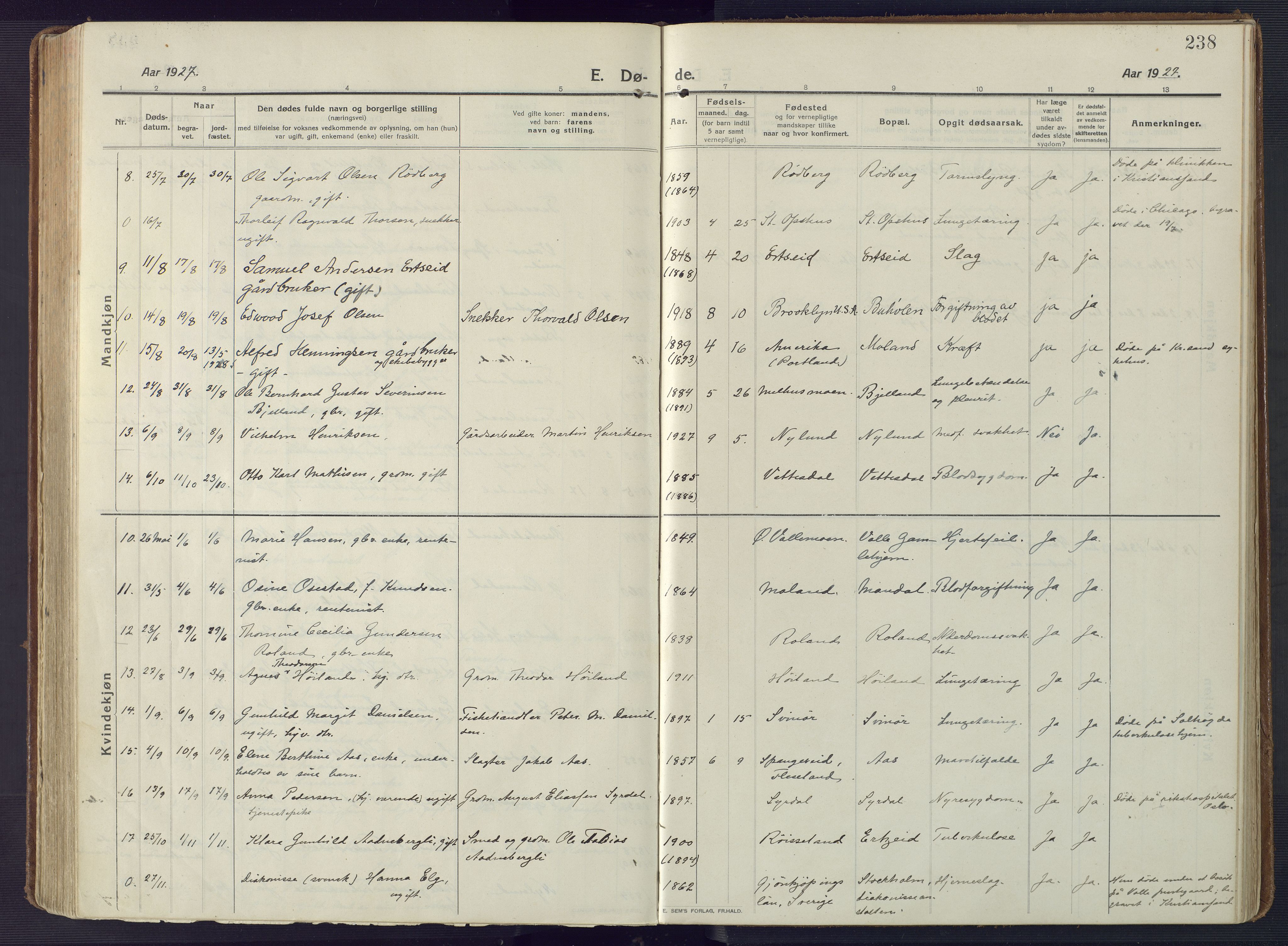 Sør-Audnedal sokneprestkontor, AV/SAK-1111-0039/F/Fa/Fab/L0011: Parish register (official) no. A 11, 1912-1938, p. 238