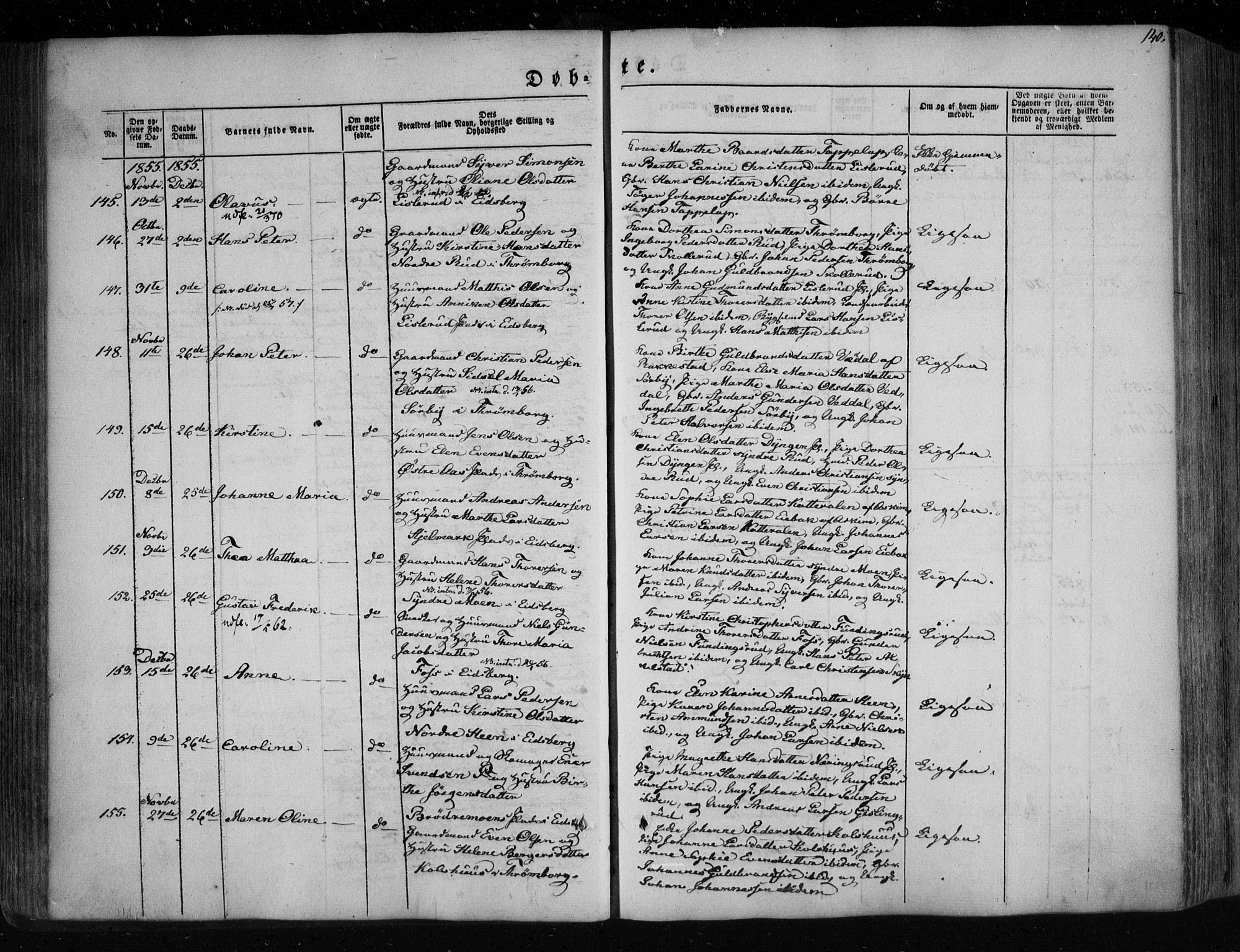 Eidsberg prestekontor Kirkebøker, AV/SAO-A-10905/F/Fa/L0009: Parish register (official) no. I 9, 1849-1856, p. 140