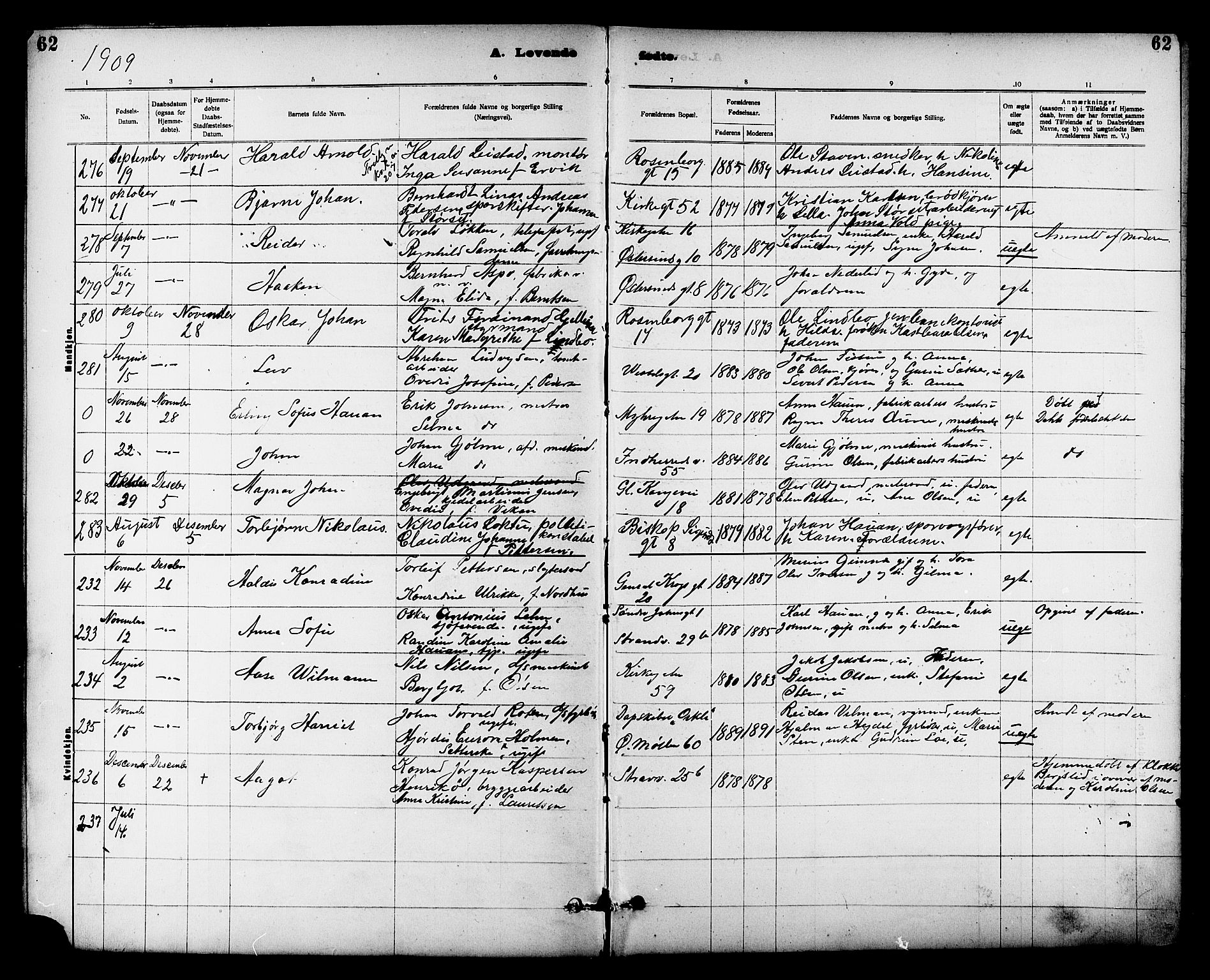 Ministerialprotokoller, klokkerbøker og fødselsregistre - Sør-Trøndelag, AV/SAT-A-1456/605/L0254: Parish register (copy) no. 605C01, 1908-1916, p. 62