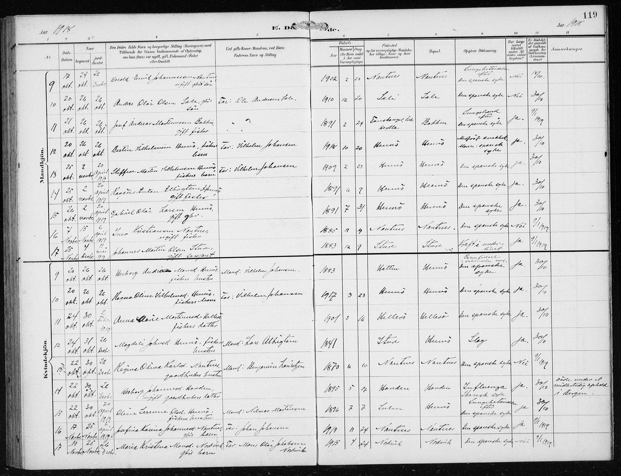 Herdla Sokneprestembete, AV/SAB-A-75701/H/Haa: Parish register (official) no. B 1, 1902-1921, p. 119