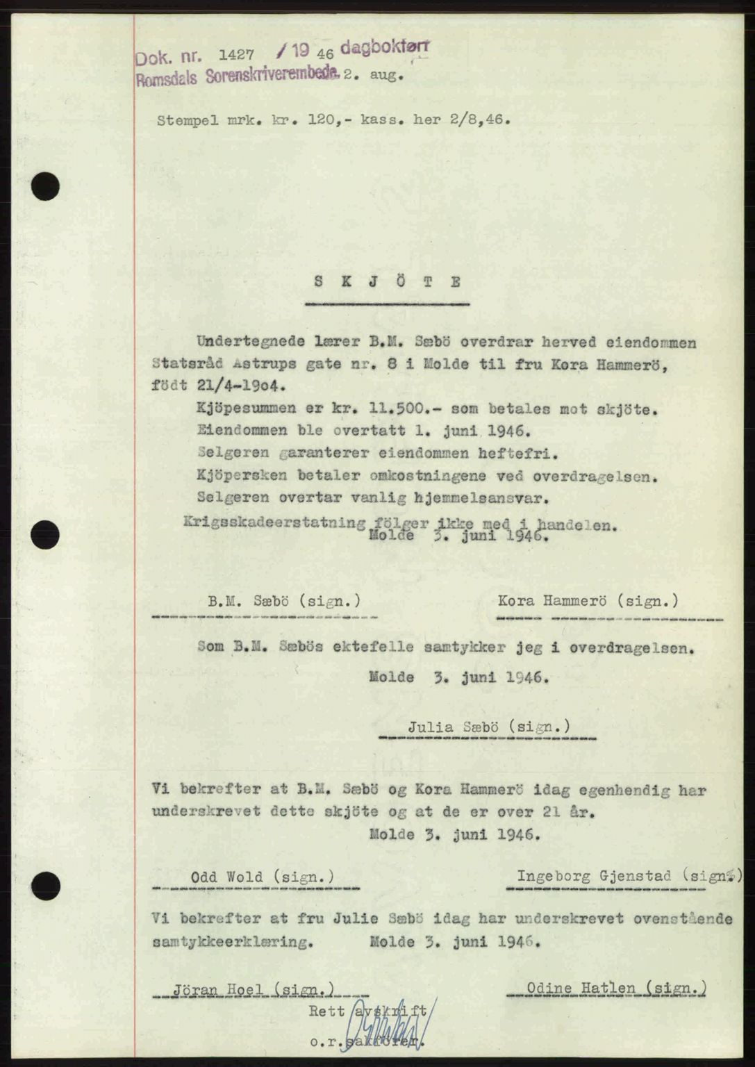 Romsdal sorenskriveri, AV/SAT-A-4149/1/2/2C: Mortgage book no. A20, 1946-1946, Diary no: : 1427/1946