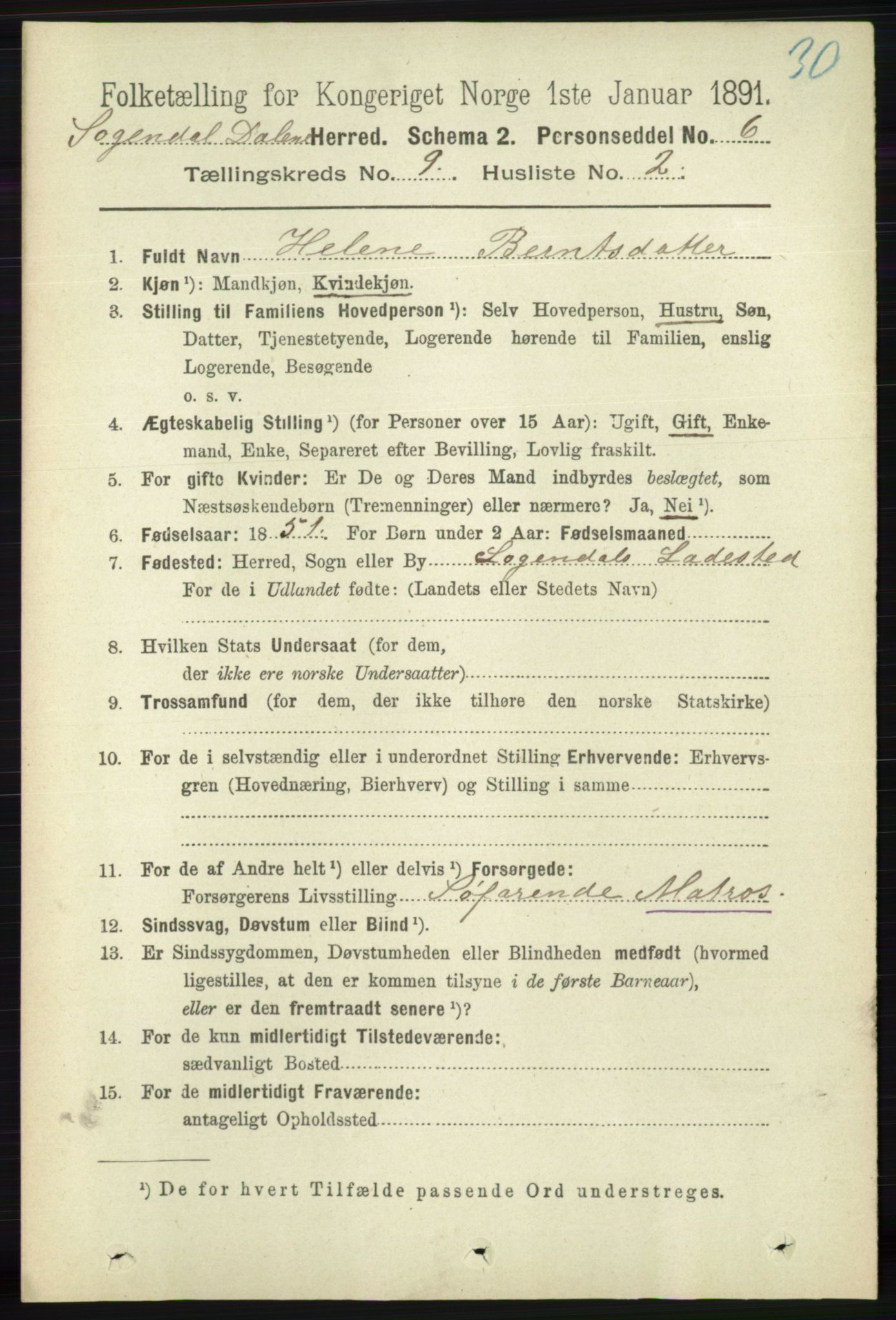 RA, 1891 census for 1111 Sokndal, 1891, p. 3168