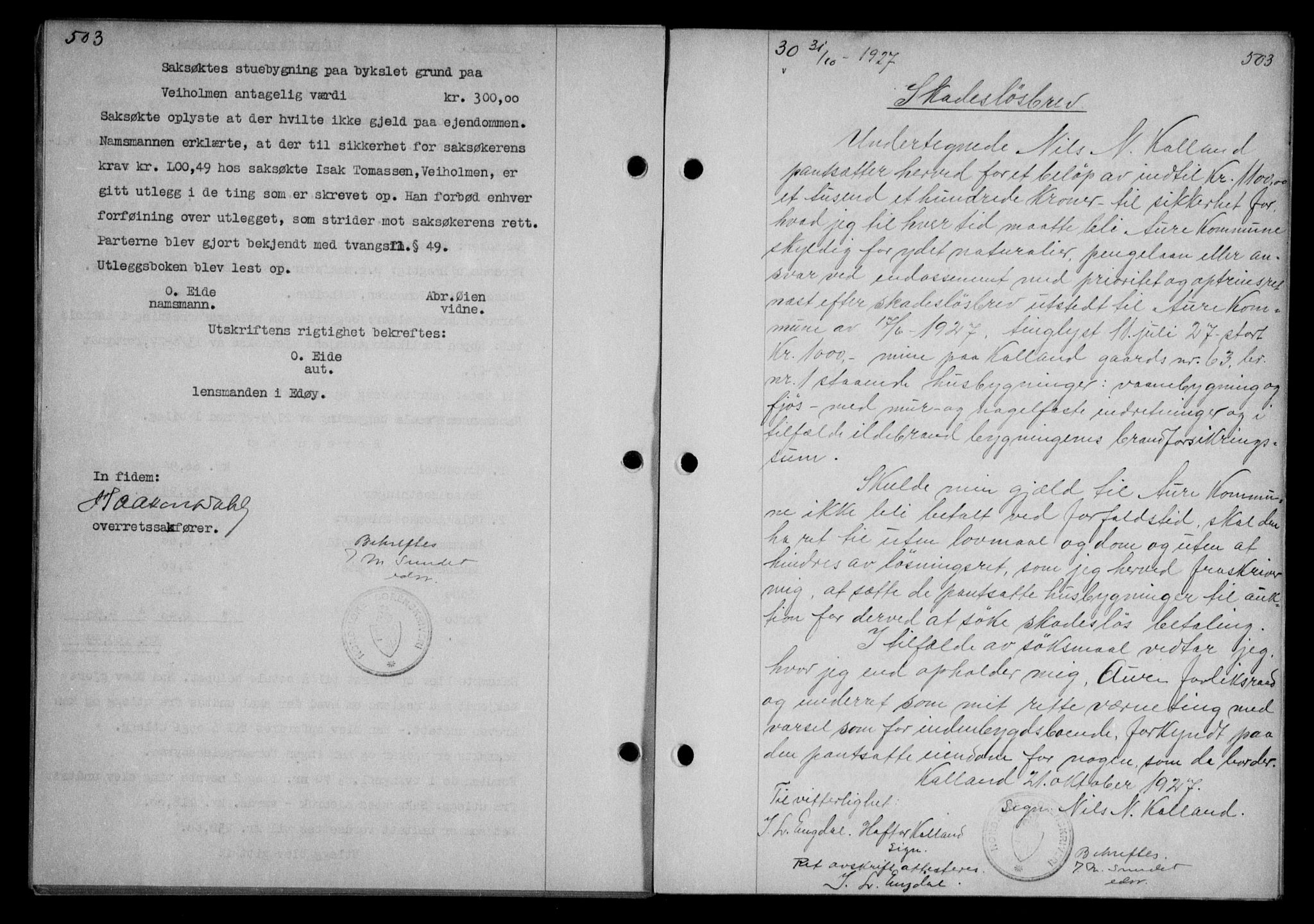 Nordmøre sorenskriveri, AV/SAT-A-4132/1/2/2Ca/L0062: Mortgage book no. 52, 1927-1927, Deed date: 31.10.1927