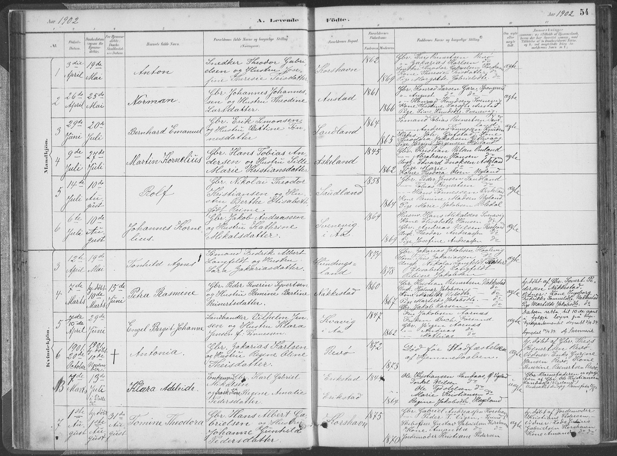 Lyngdal sokneprestkontor, AV/SAK-1111-0029/F/Fa/Faa/L0004: Parish register (official) no. A 4, 1883-1904, p. 54