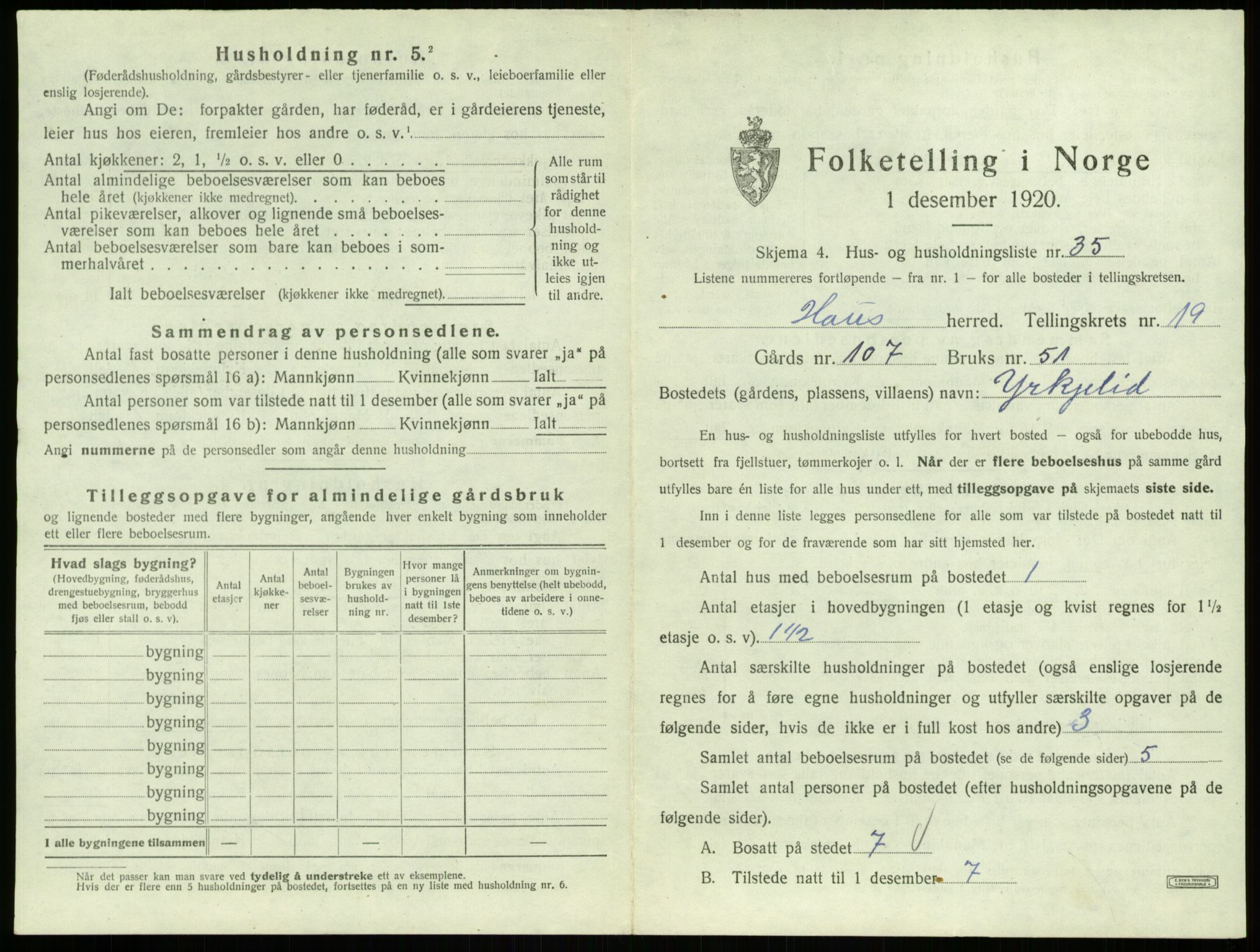 SAB, 1920 census for Haus, 1920, p. 1685