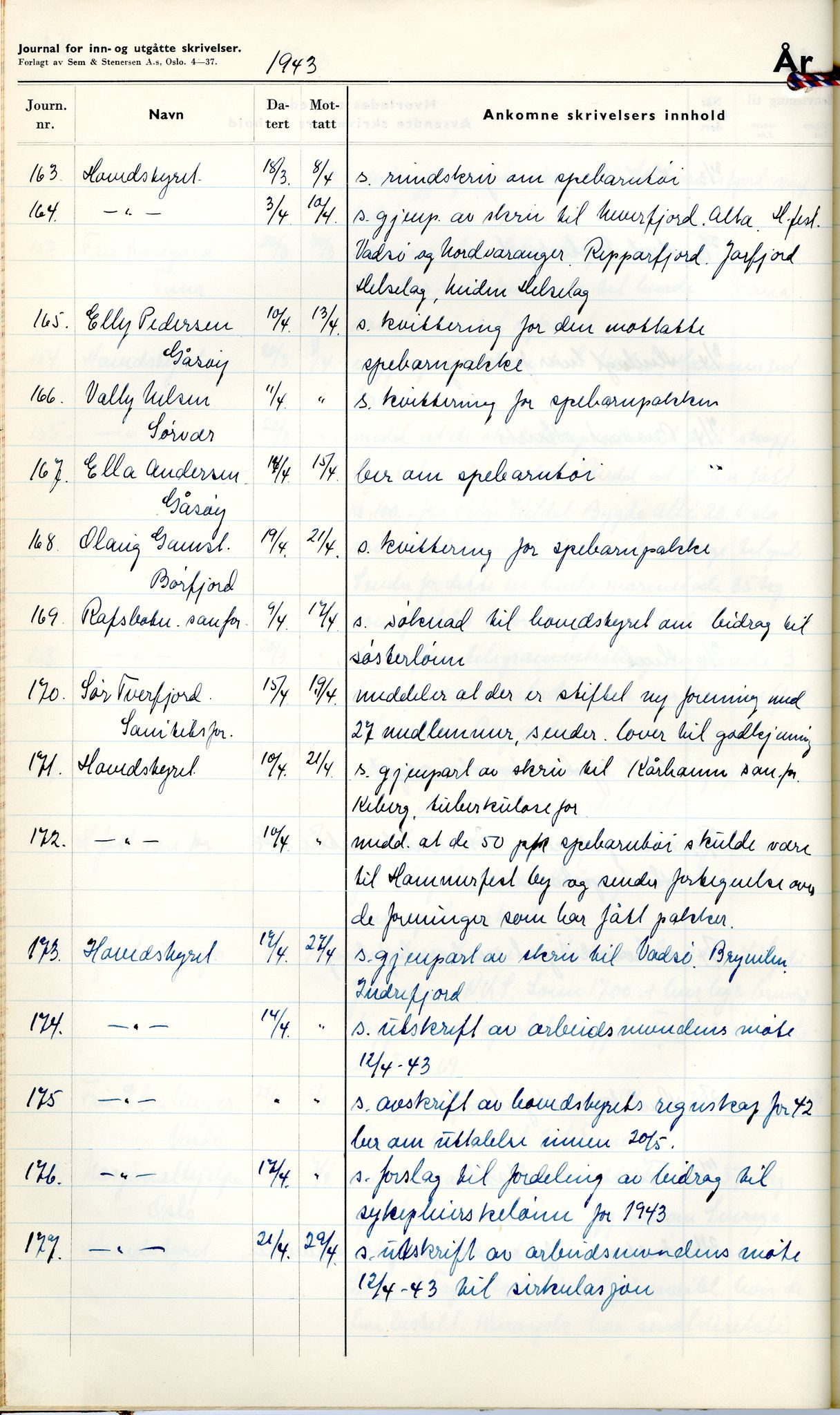 Norske Kvinners Sanitetsforening Finnmark , FMFB/A-1006/C/L0008: Journal for inn- og utgåtte brev, 1938-1944