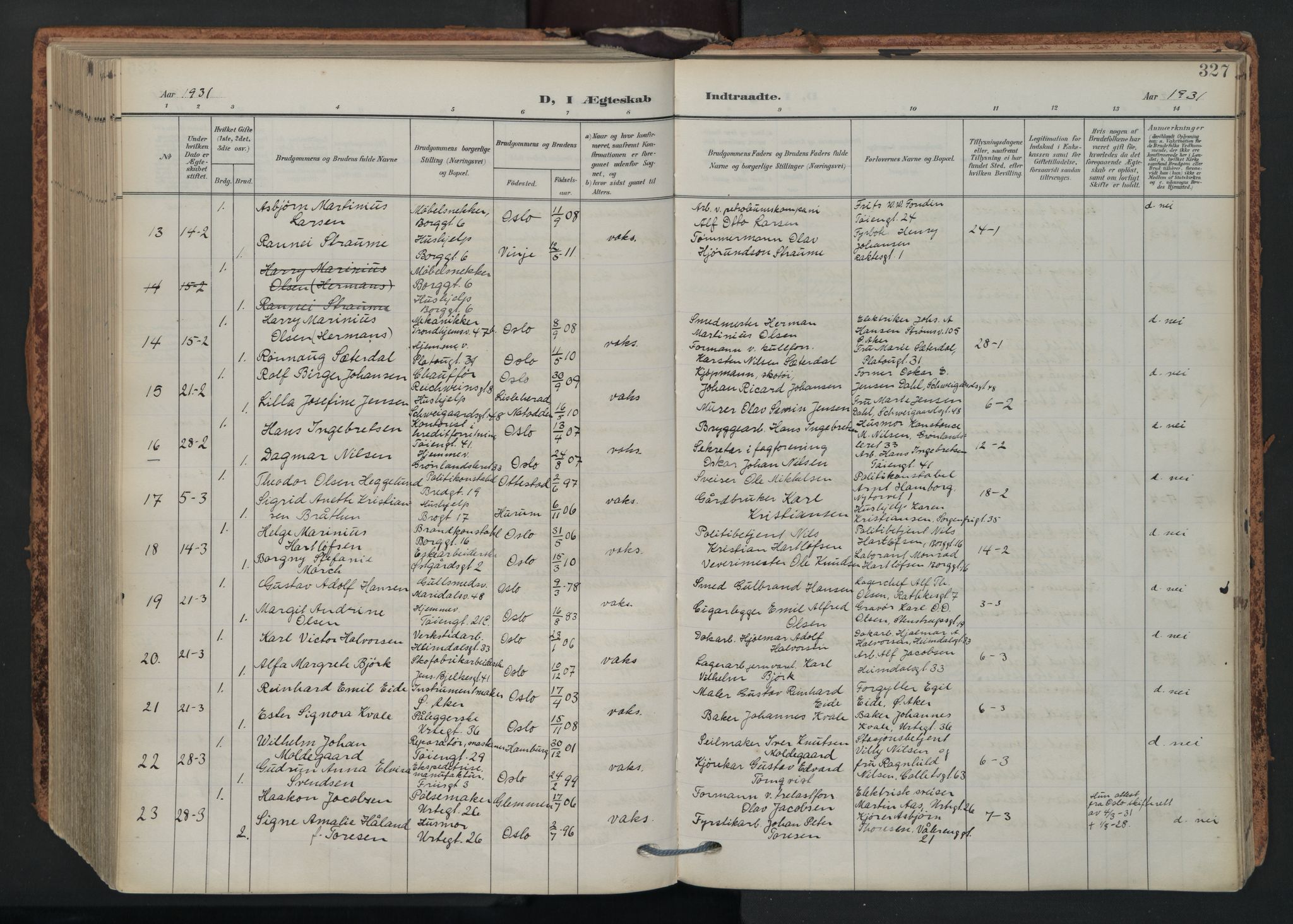 Grønland prestekontor Kirkebøker, AV/SAO-A-10848/F/Fa/L0017: Parish register (official) no. 17, 1906-1934, p. 327