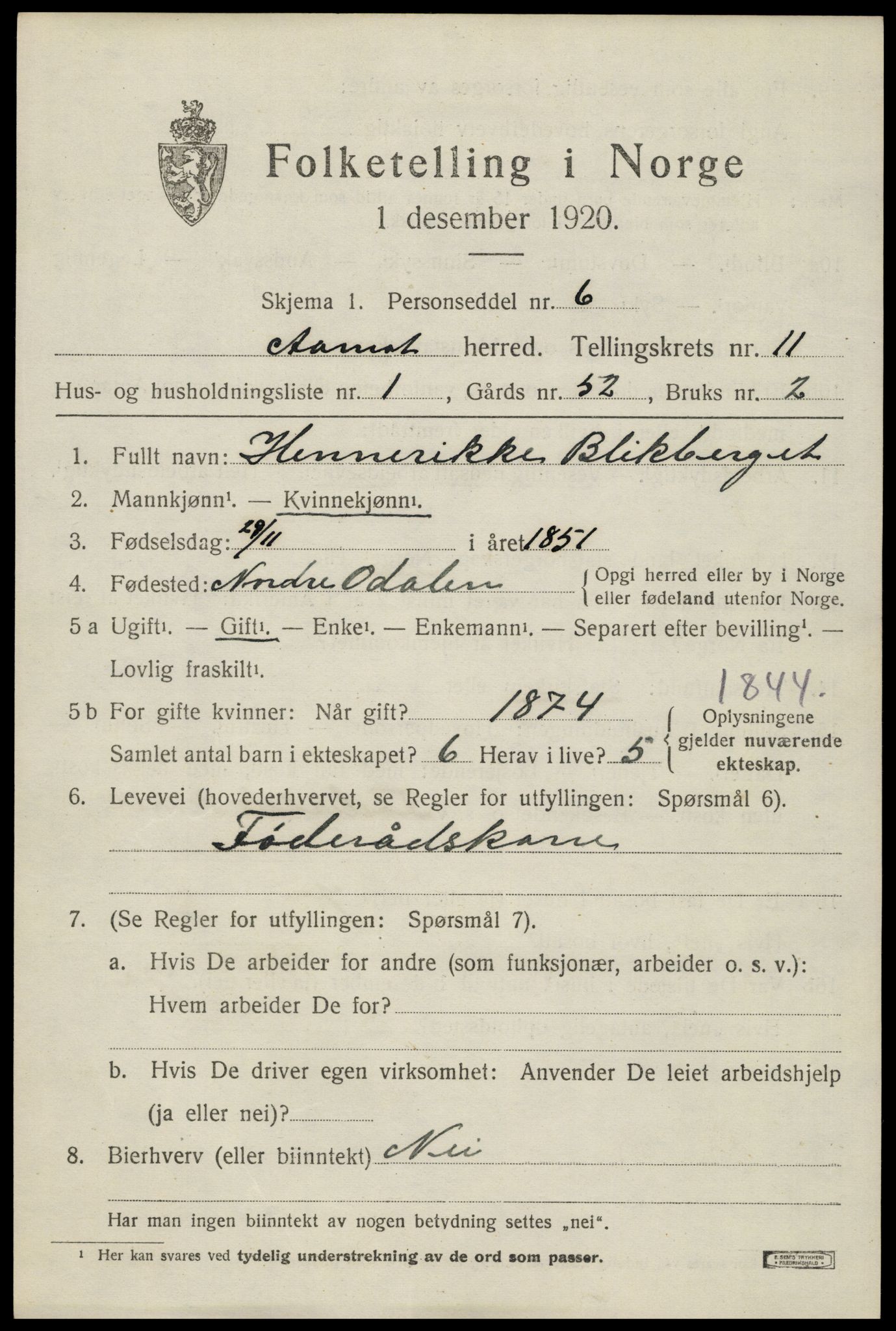 SAH, 1920 census for Åmot, 1920, p. 9421