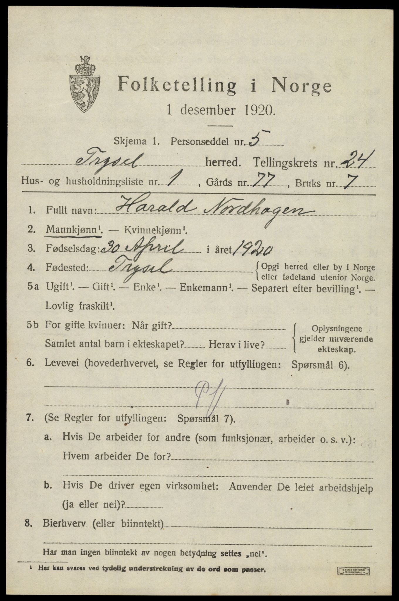 SAH, 1920 census for Trysil, 1920, p. 15223