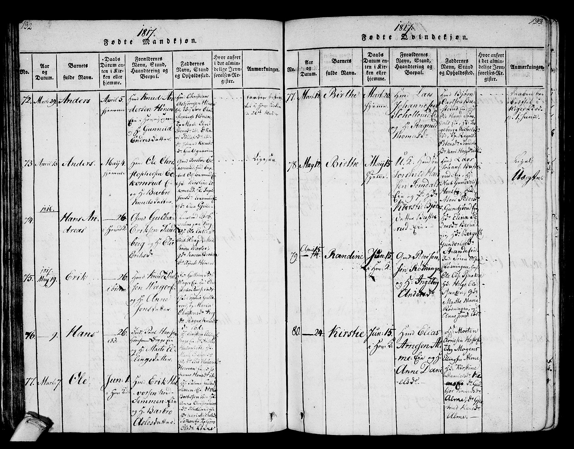 Norderhov kirkebøker, AV/SAKO-A-237/F/Fa/L0008: Parish register (official) no. 8, 1814-1833, p. 132-133