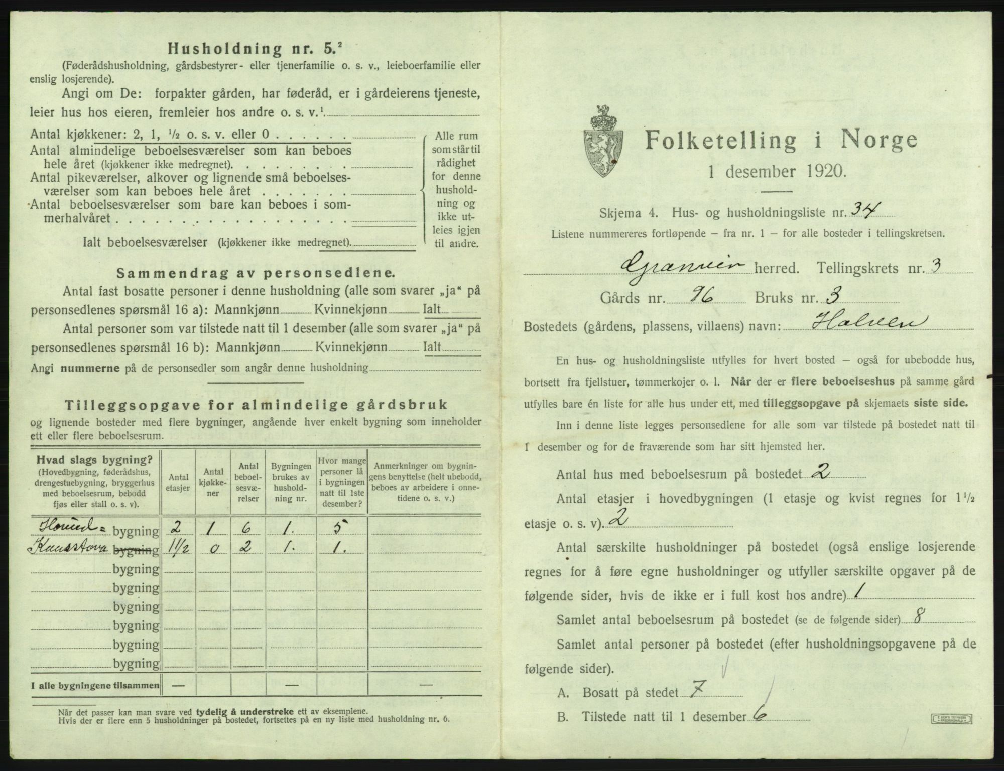 SAB, 1920 census for Granvin, 1920, p. 226