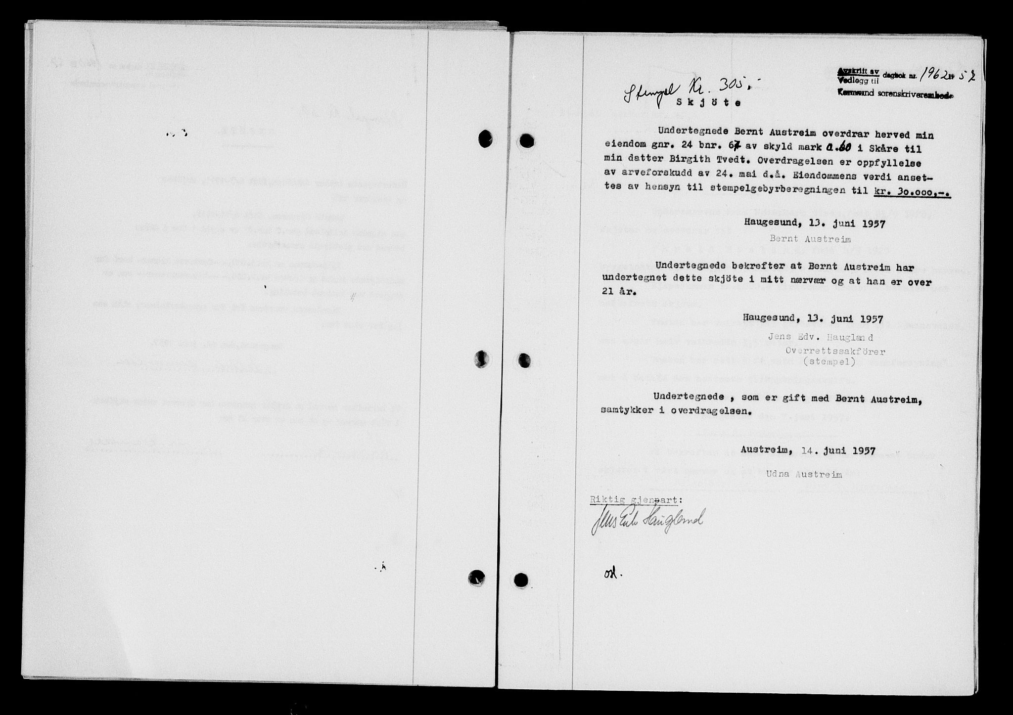 Karmsund sorenskriveri, AV/SAST-A-100311/01/II/IIB/L0125: Mortgage book no. 105A, 1957-1957, Diary no: : 1962/1957