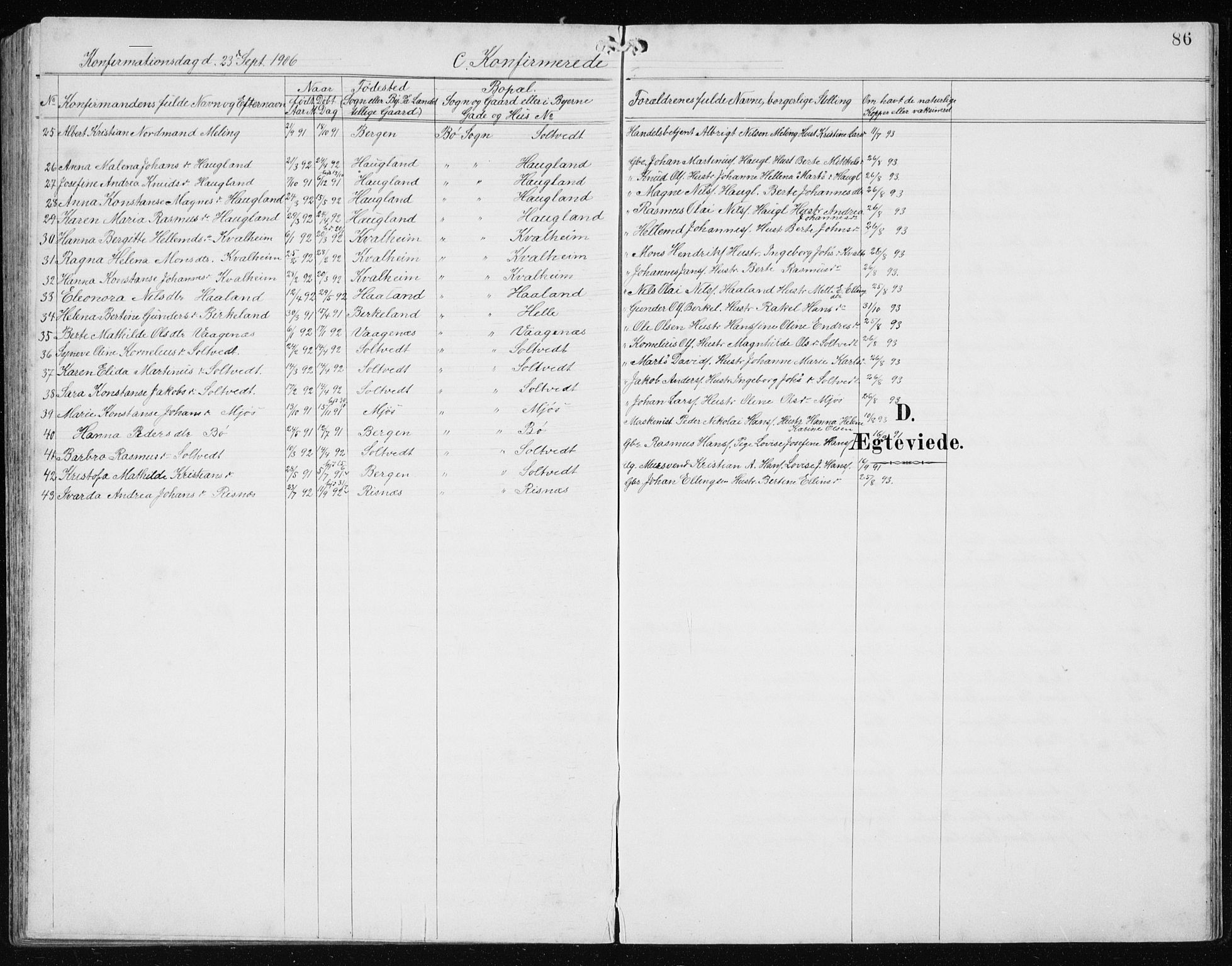 Manger sokneprestembete, SAB/A-76801/H/Hab: Parish register (copy) no. B 3, 1891-1907, p. 86