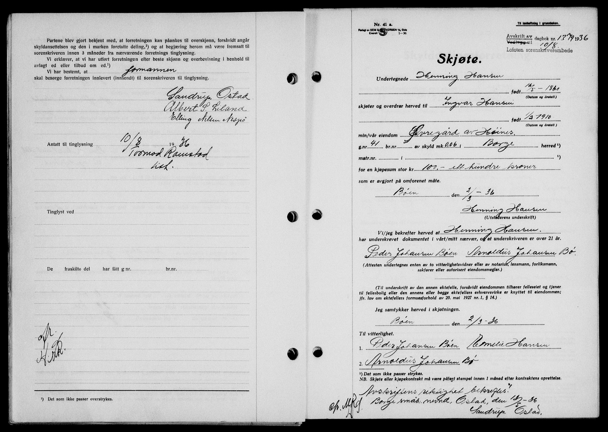 Lofoten sorenskriveri, SAT/A-0017/1/2/2C/L0001a: Mortgage book no. 1a, 1936-1937, Diary no: : 1379/1936