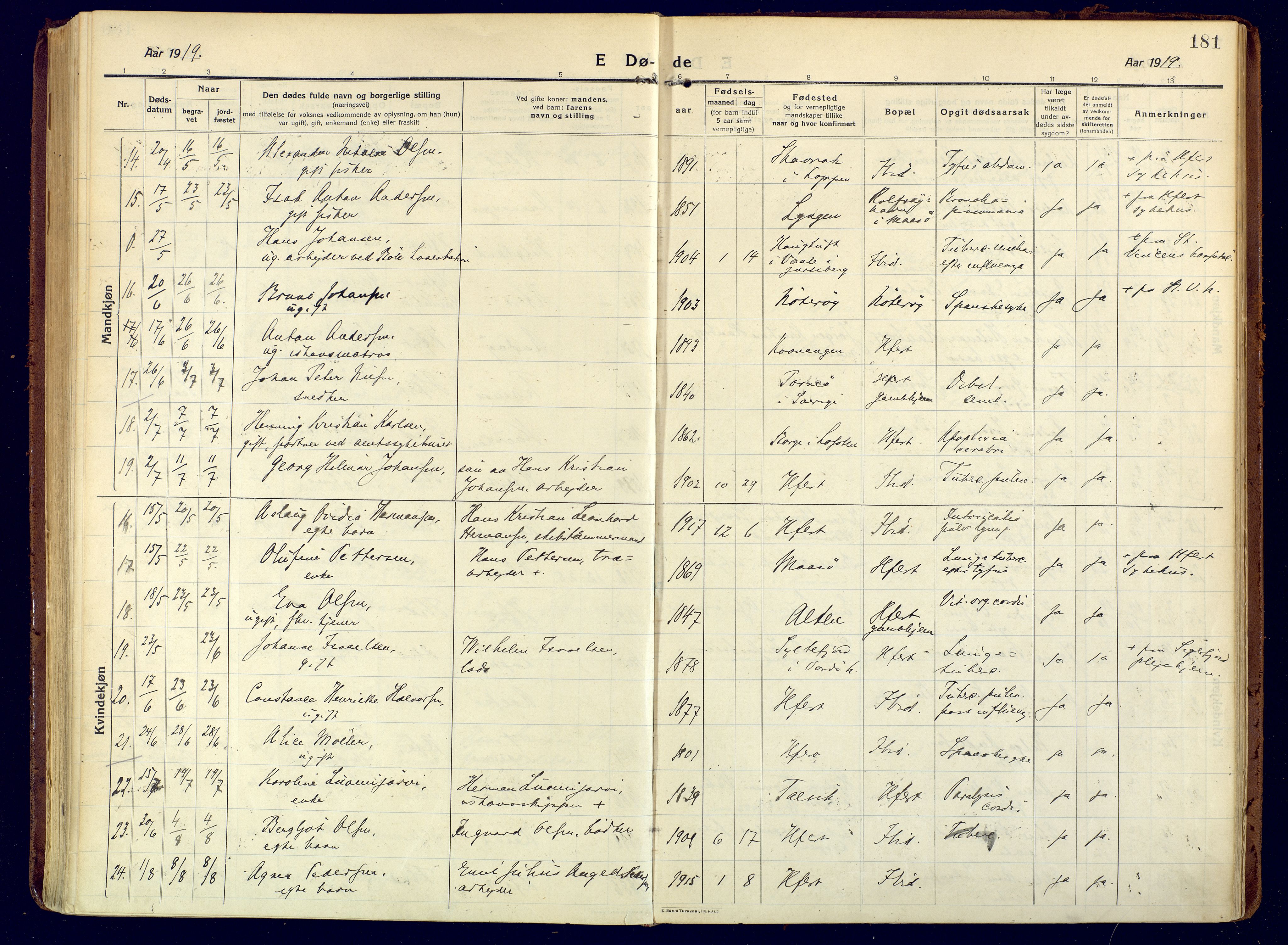 Hammerfest sokneprestkontor, SATØ/S-1347/H/Ha/L0015.kirke: Parish register (official) no. 15, 1916-1923, p. 181