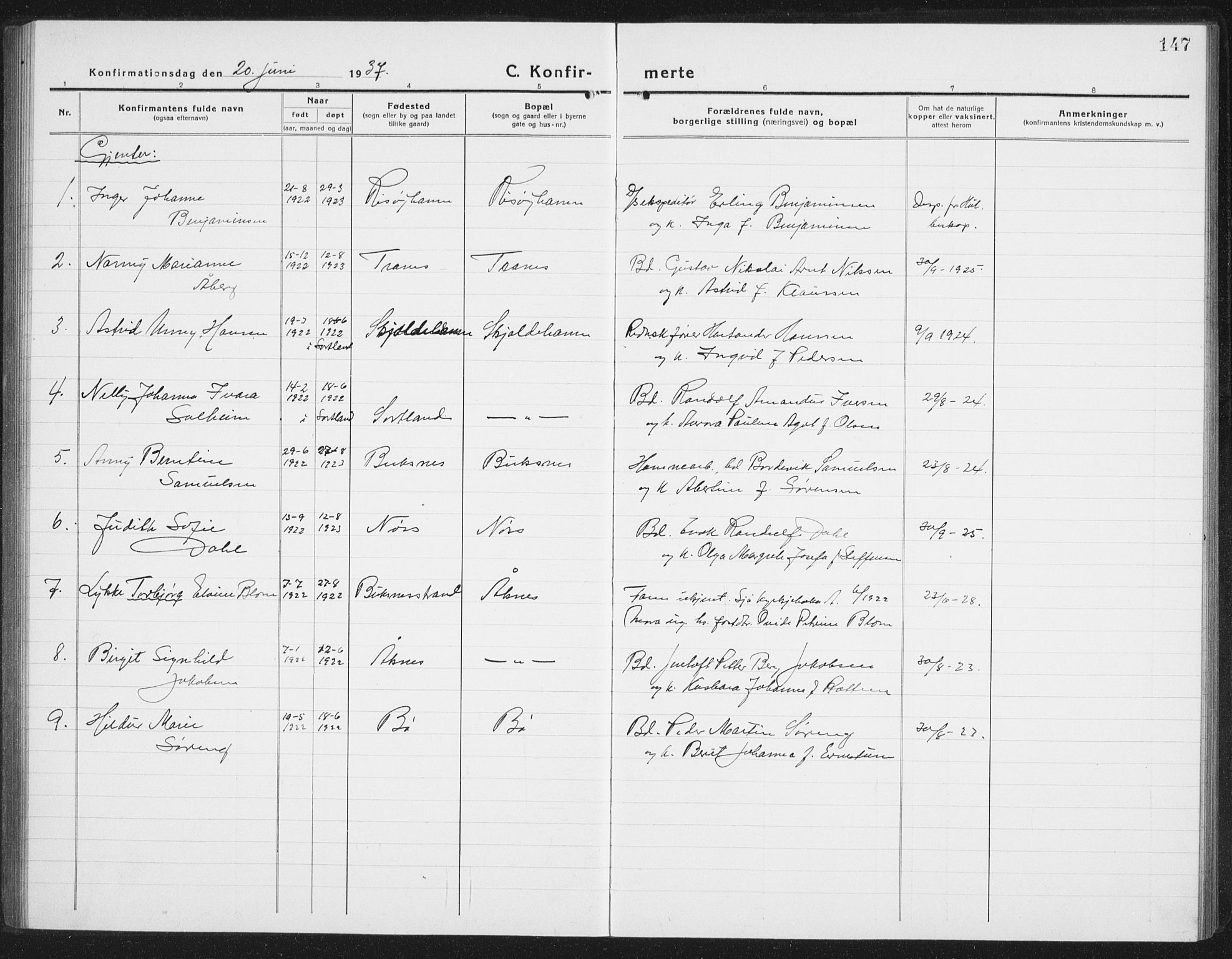 Ministerialprotokoller, klokkerbøker og fødselsregistre - Nordland, AV/SAT-A-1459/898/L1428: Parish register (copy) no. 898C03, 1918-1938, p. 147