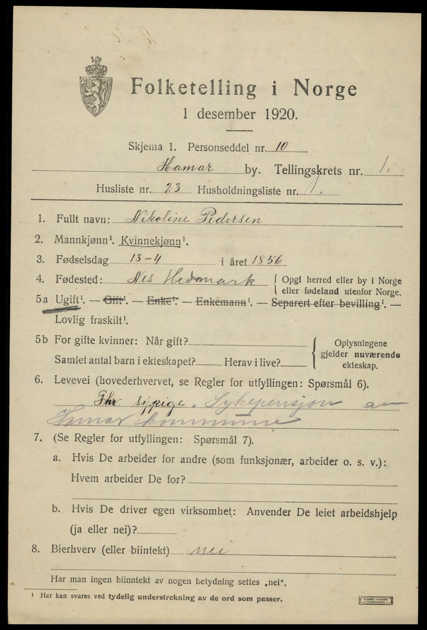 SAH, 1920 census for Hamar, 1920, p. 4709