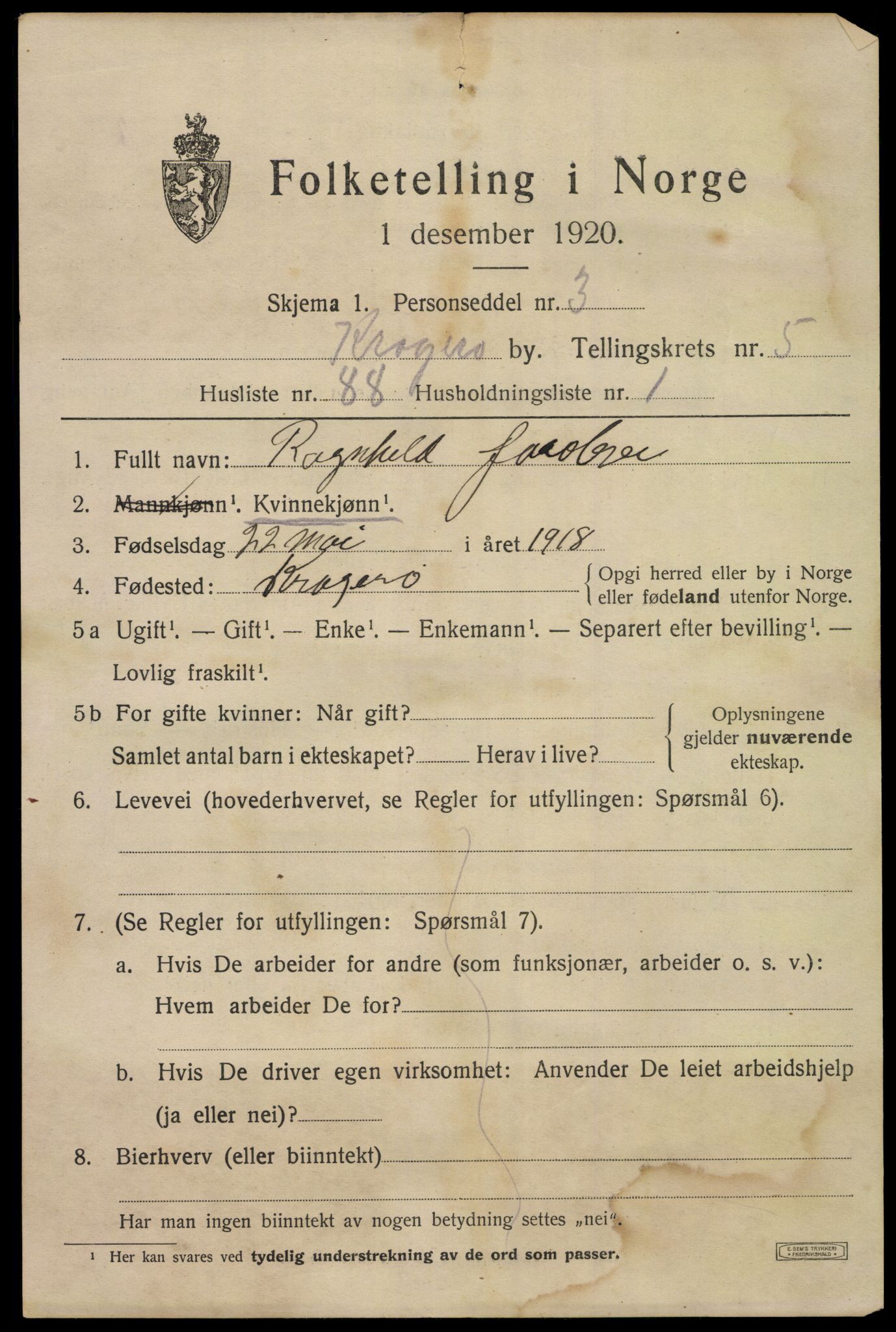 SAKO, 1920 census for Kragerø, 1920, p. 9065