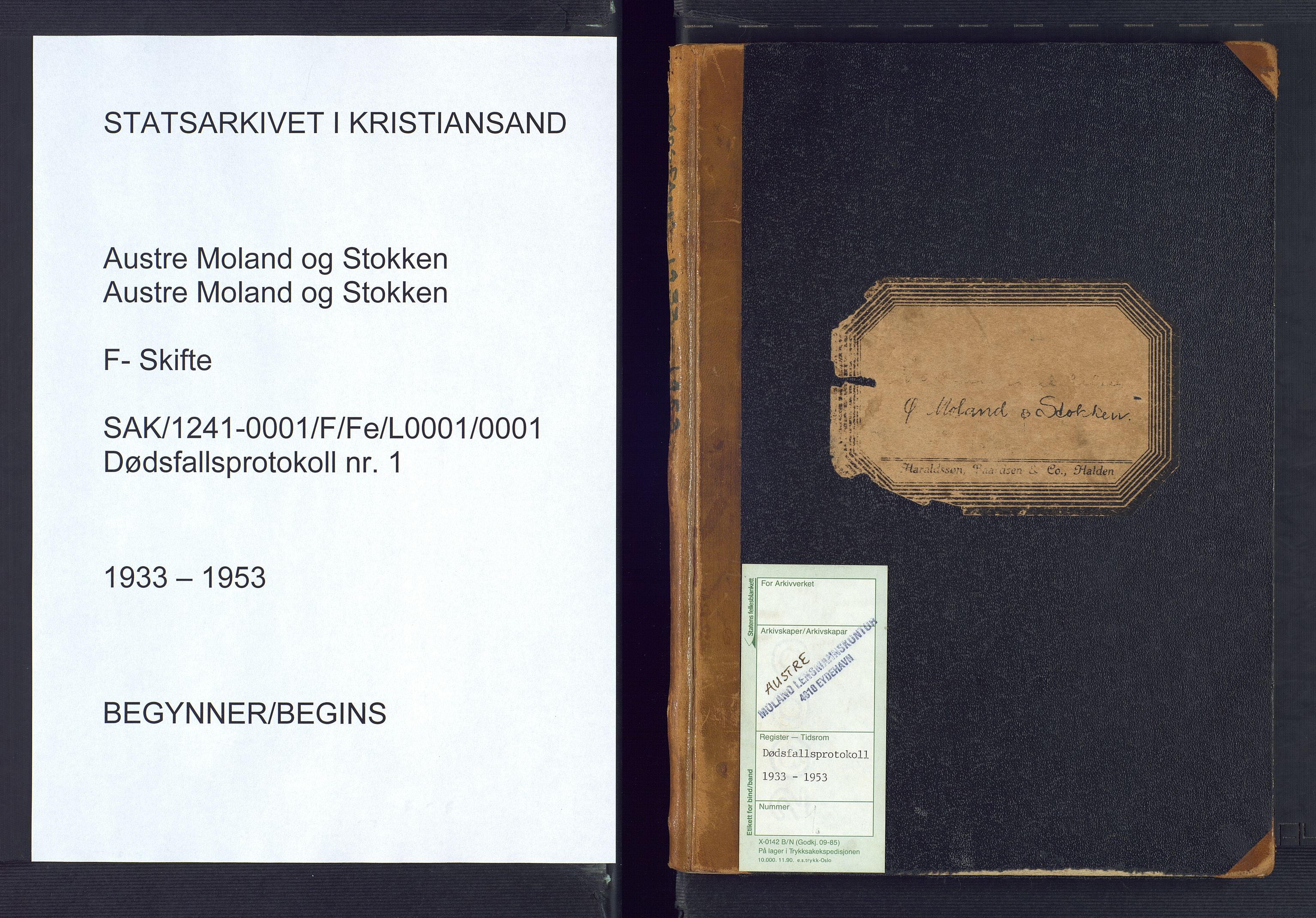 Austre Moland og Stokken lensmannskontor, SAK/1241-0001/F/Fe/L0001/0001: Dødsfall / Dødsfallprotokoll, 1933-1953