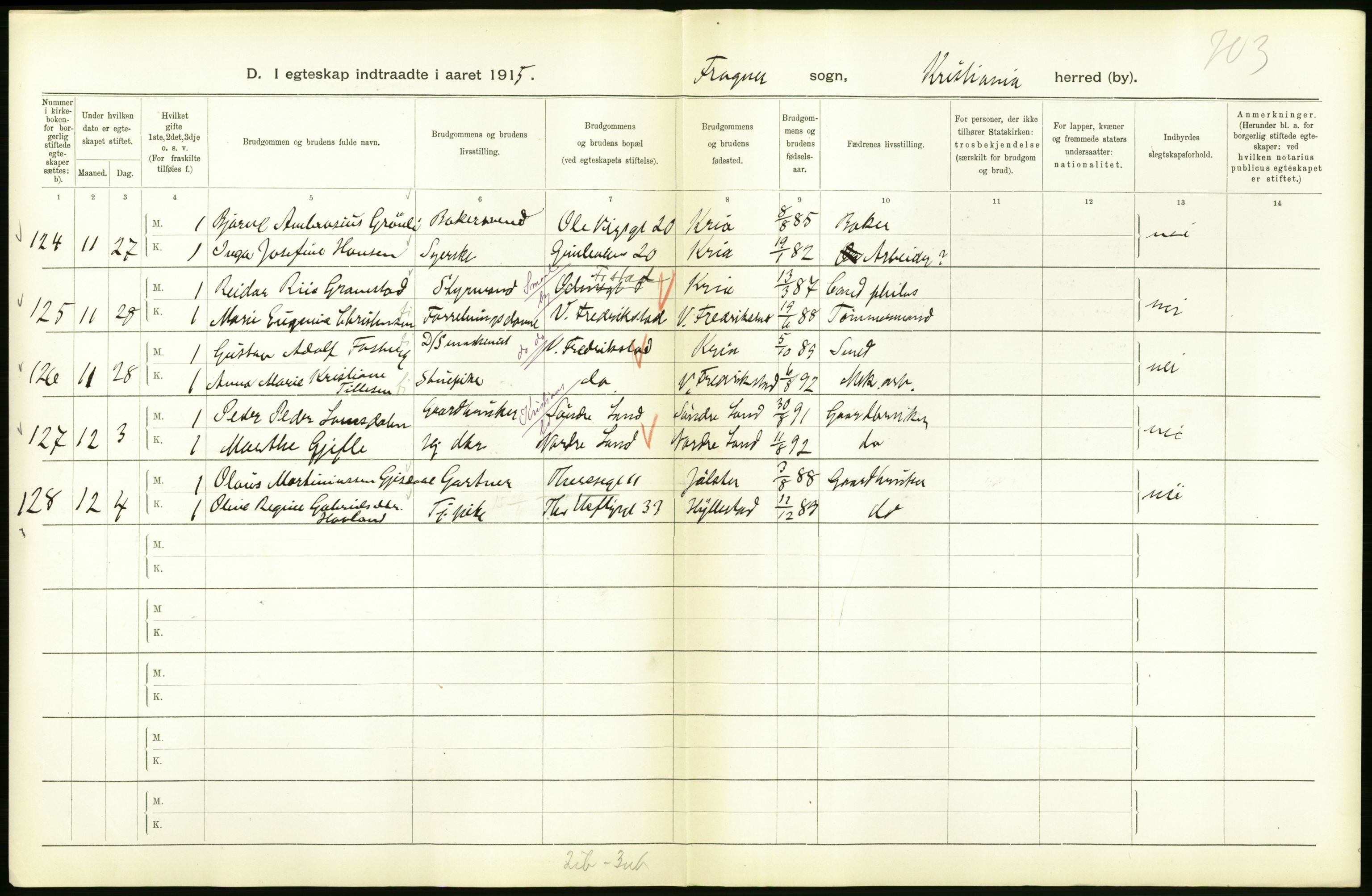 Statistisk sentralbyrå, Sosiodemografiske emner, Befolkning, RA/S-2228/D/Df/Dfb/Dfbe/L0008: Kristiania: Gifte., 1915, p. 256