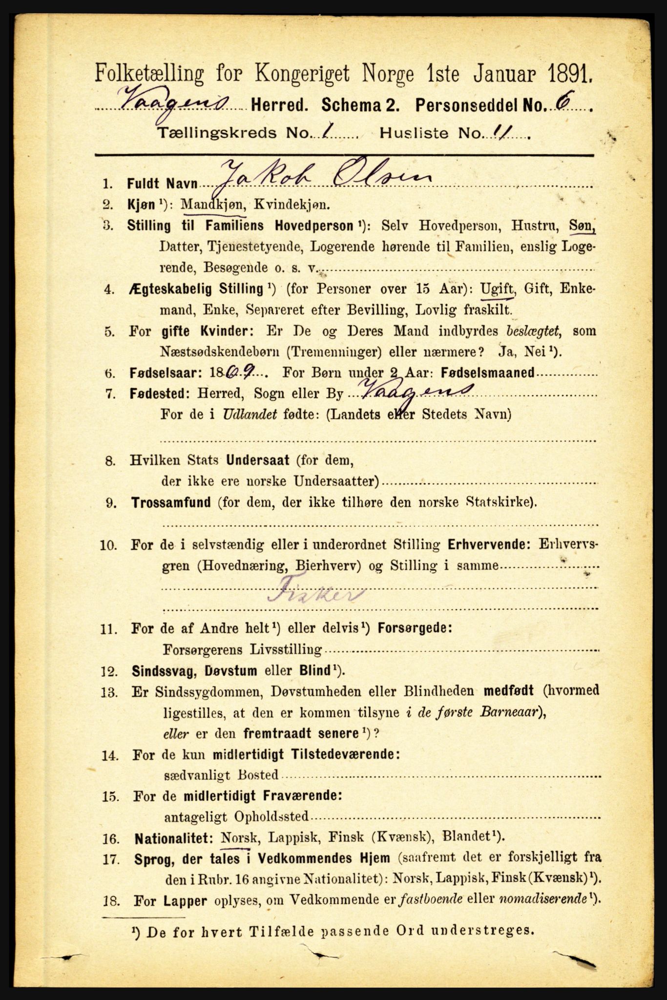RA, 1891 census for 1865 Vågan, 1891, p. 168
