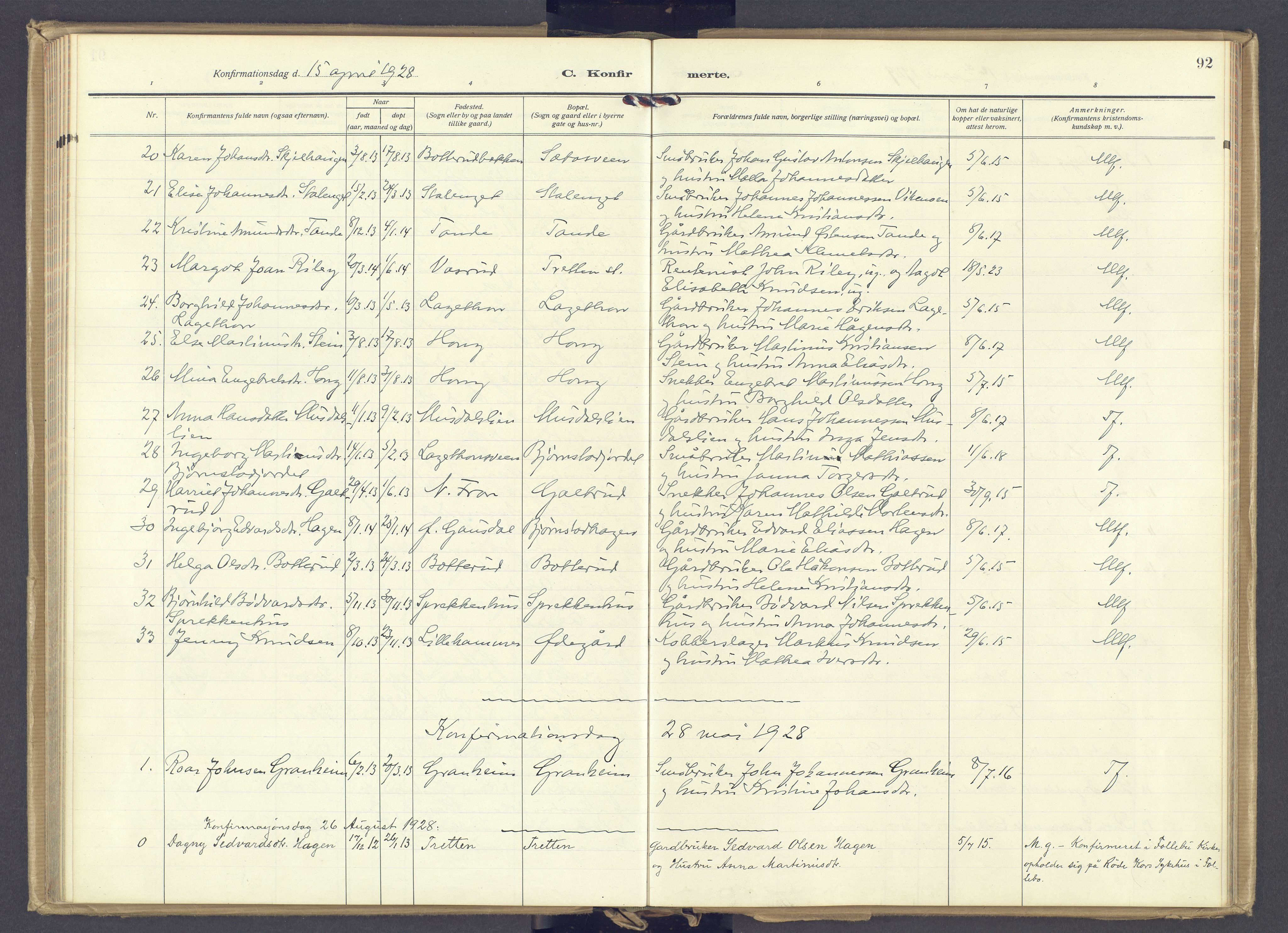 Øyer prestekontor, SAH/PREST-084/H/Ha/Haa/L0014: Parish register (official) no. 14, 1919-1932, p. 92