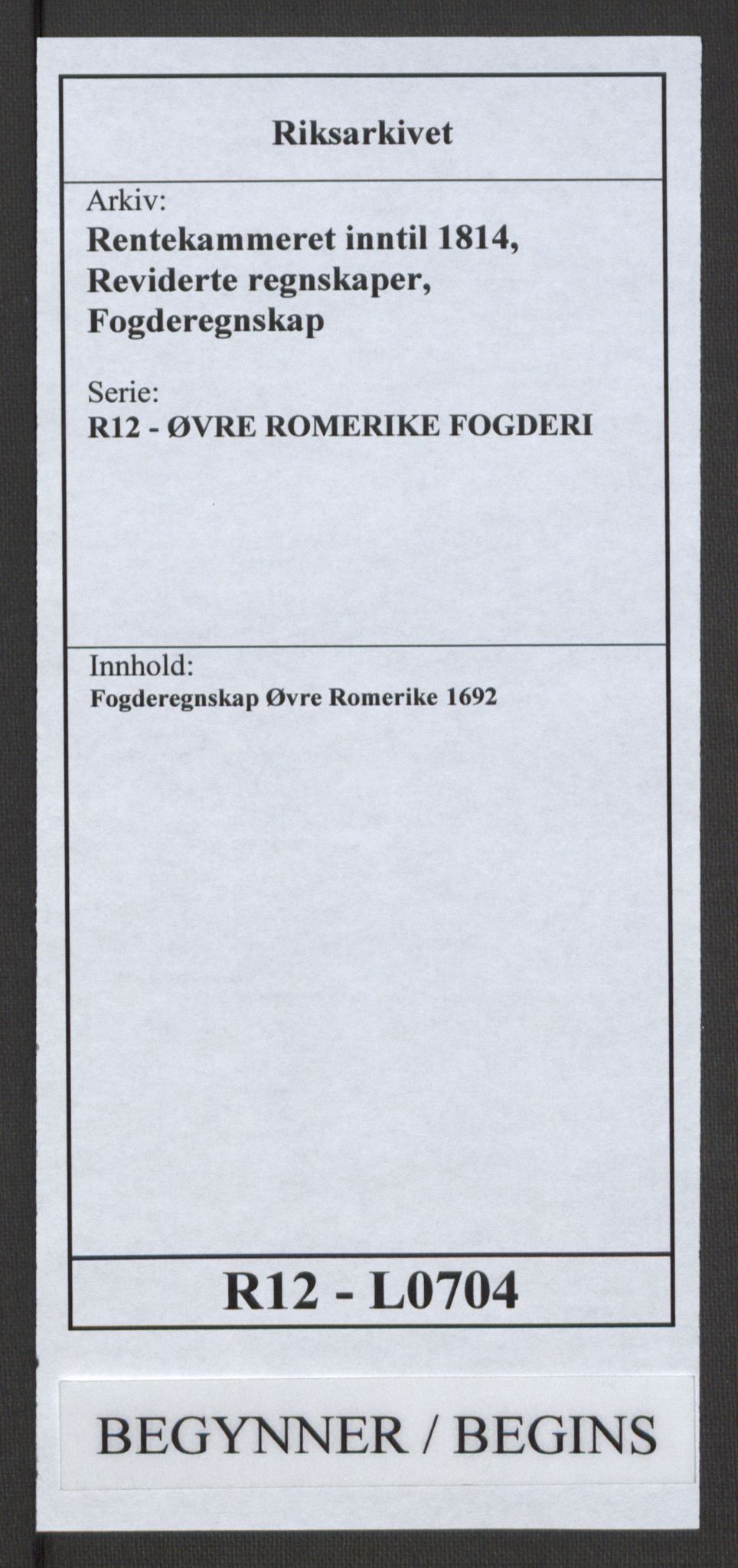 Rentekammeret inntil 1814, Reviderte regnskaper, Fogderegnskap, AV/RA-EA-4092/R12/L0704: Fogderegnskap Øvre Romerike, 1692, p. 1