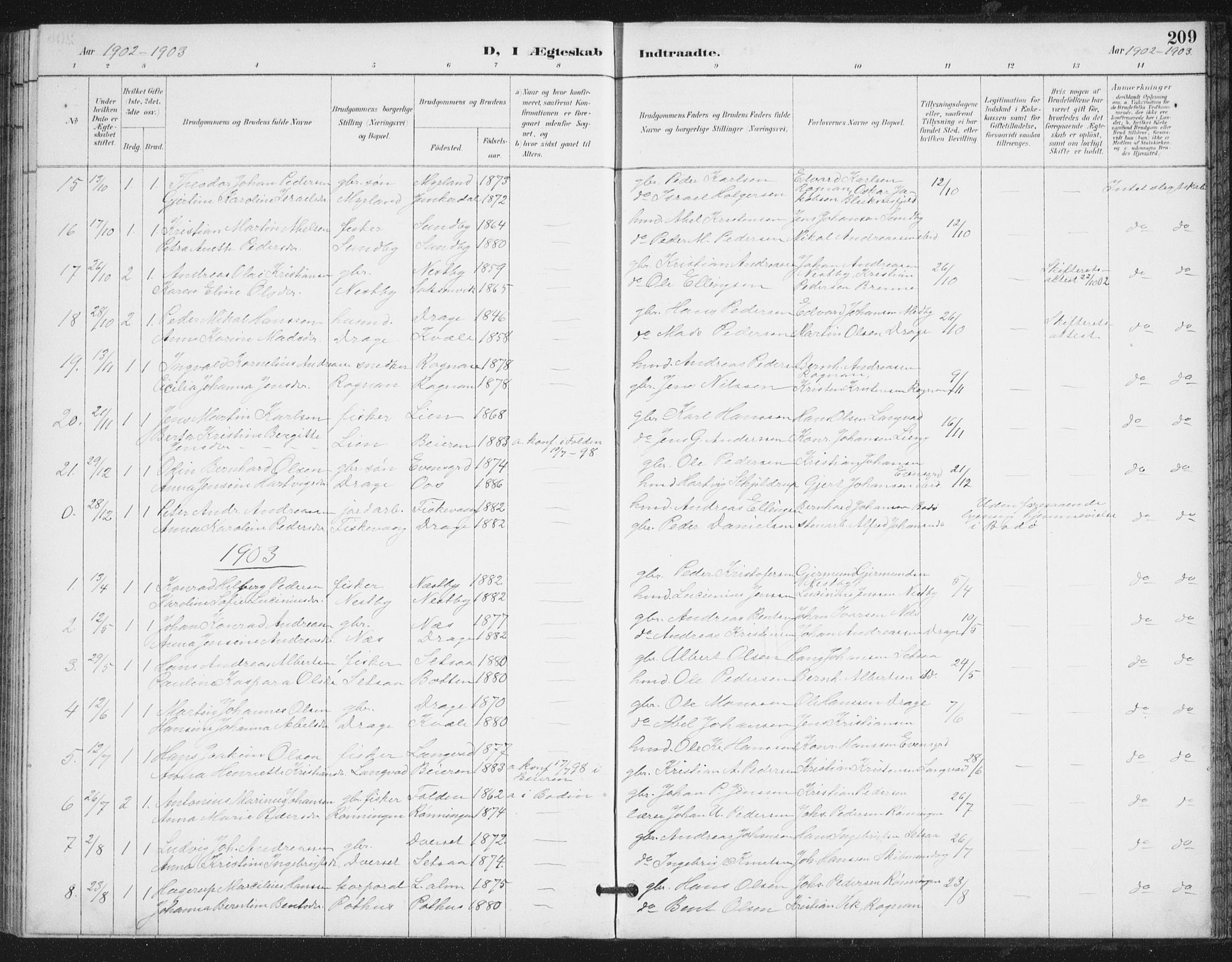 Ministerialprotokoller, klokkerbøker og fødselsregistre - Nordland, AV/SAT-A-1459/847/L0682: Parish register (copy) no. 847C10, 1889-1907, p. 209