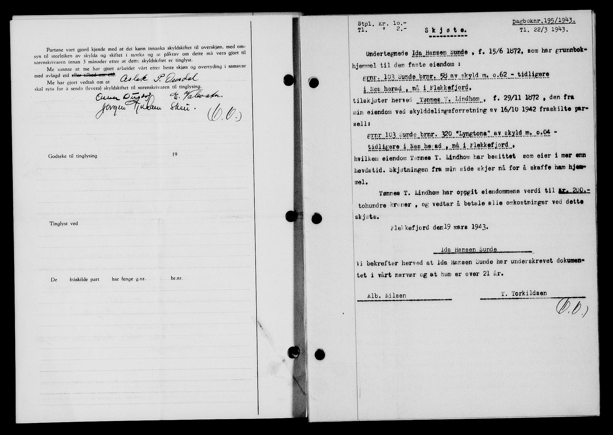 Flekkefjord sorenskriveri, SAK/1221-0001/G/Gb/Gba/L0058: Mortgage book no. A-6, 1942-1944, Diary no: : 195/1943