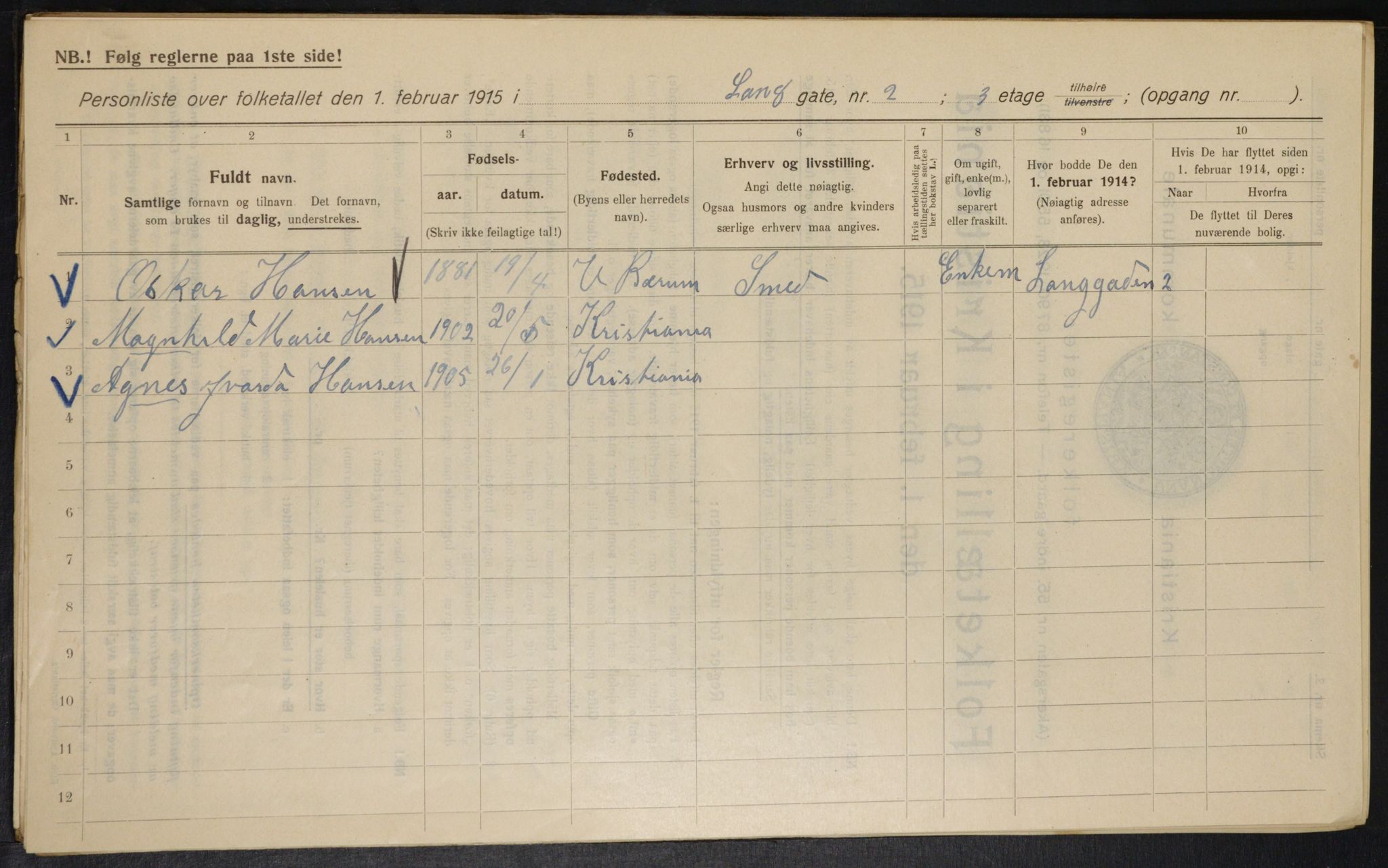 OBA, Municipal Census 1915 for Kristiania, 1915, p. 55938