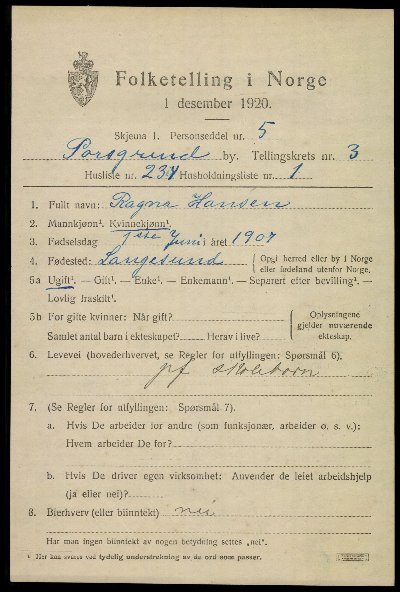 SAKO, 1920 census for Porsgrunn, 1920, p. 17393