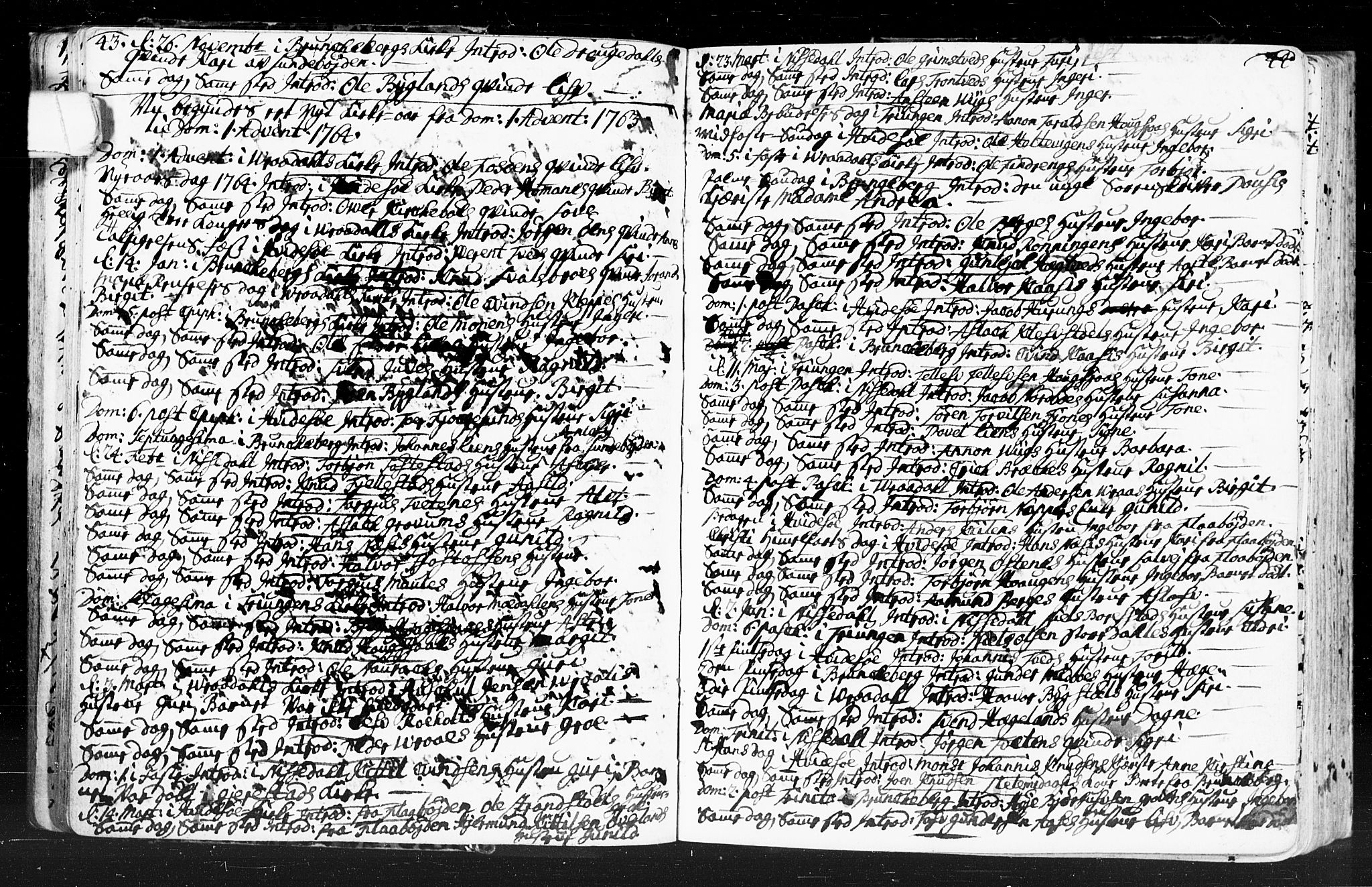 Kviteseid kirkebøker, SAKO/A-276/F/Fa/L0001: Parish register (official) no. I 1, 1754-1773, p. 43-44
