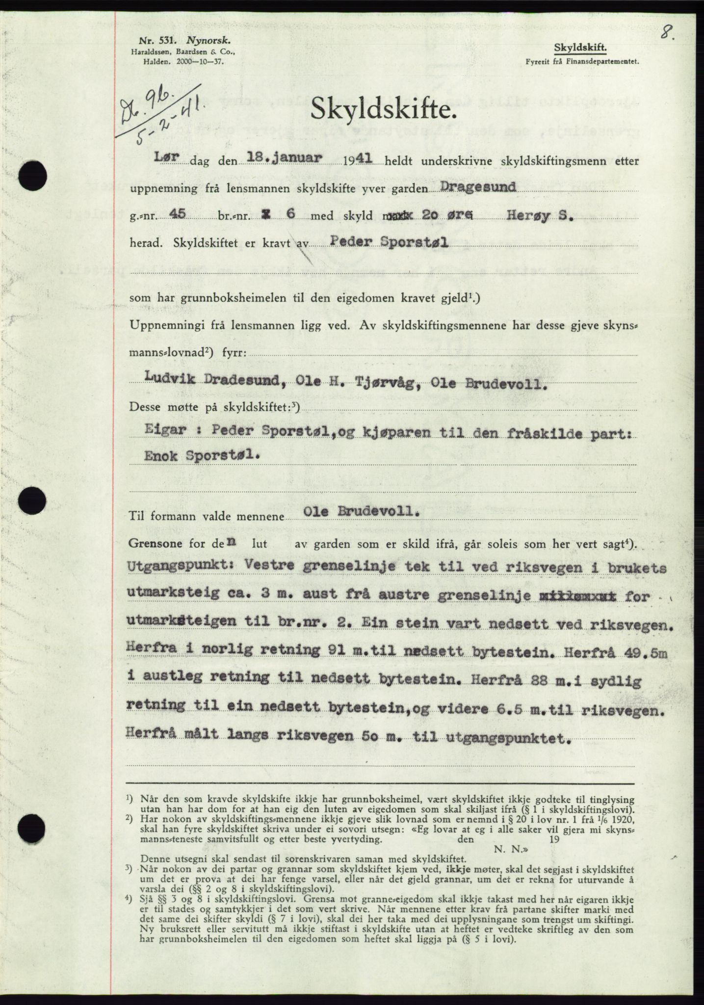 Søre Sunnmøre sorenskriveri, AV/SAT-A-4122/1/2/2C/L0071: Mortgage book no. 65, 1941-1941, Diary no: : 96/1941