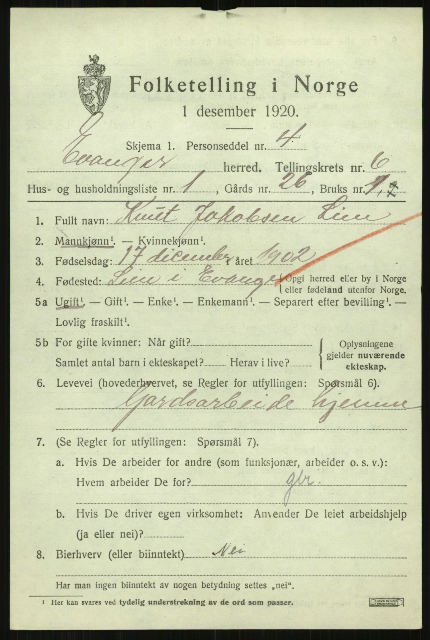 SAB, 1920 census for Evanger, 1920, p. 1915