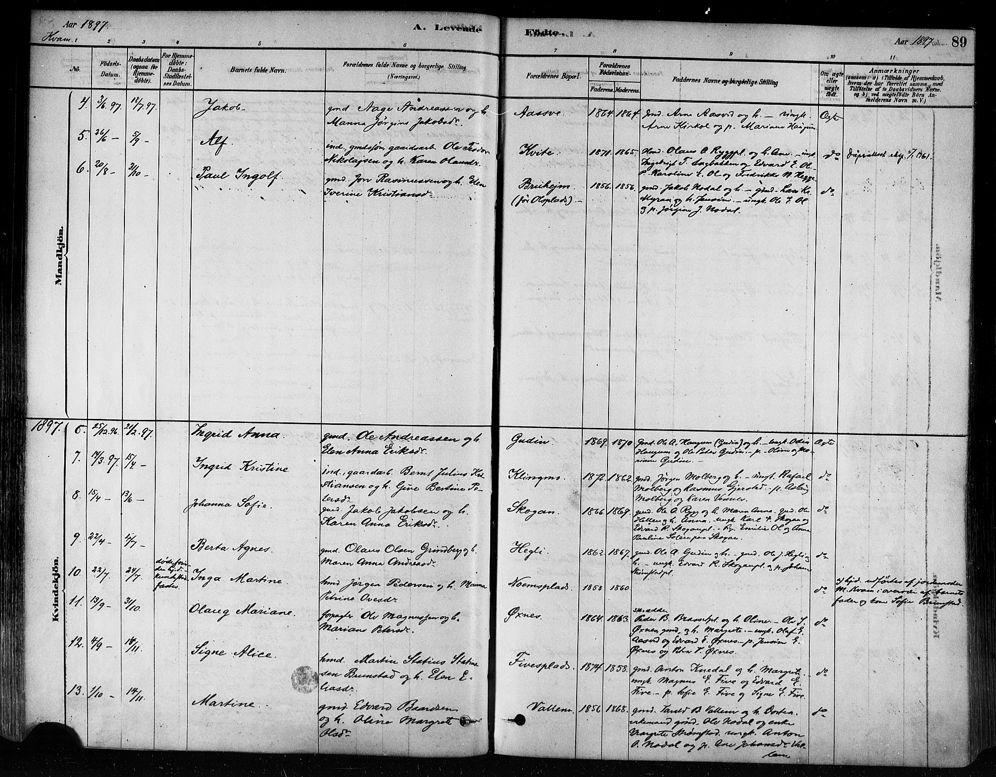 Ministerialprotokoller, klokkerbøker og fødselsregistre - Nord-Trøndelag, SAT/A-1458/746/L0449: Parish register (official) no. 746A07 /2, 1878-1899, p. 89