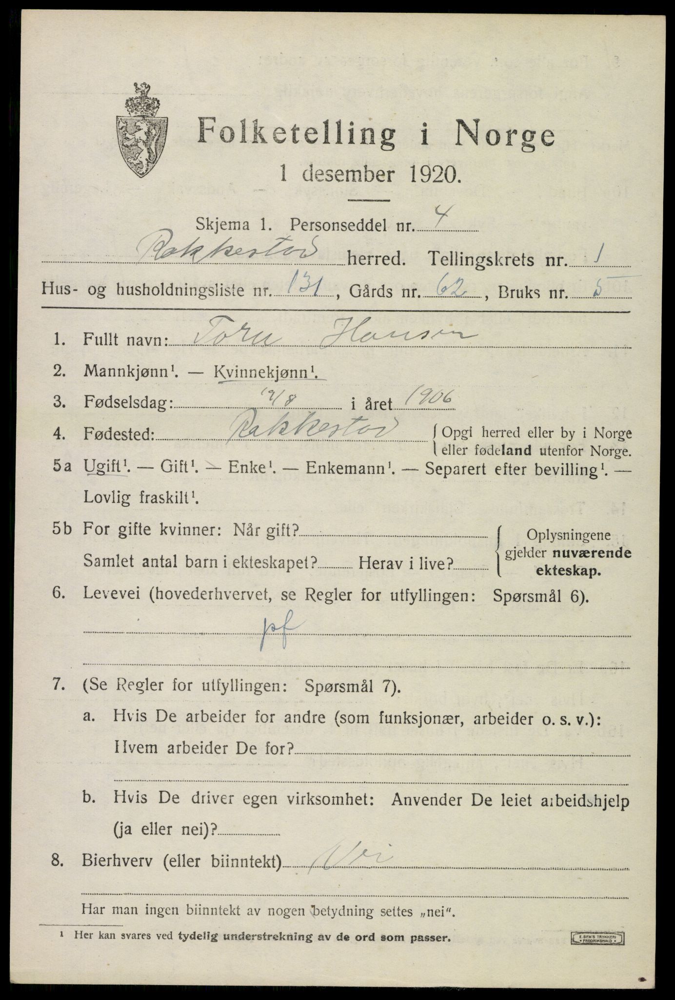 SAO, 1920 census for Rakkestad, 1920, p. 3369