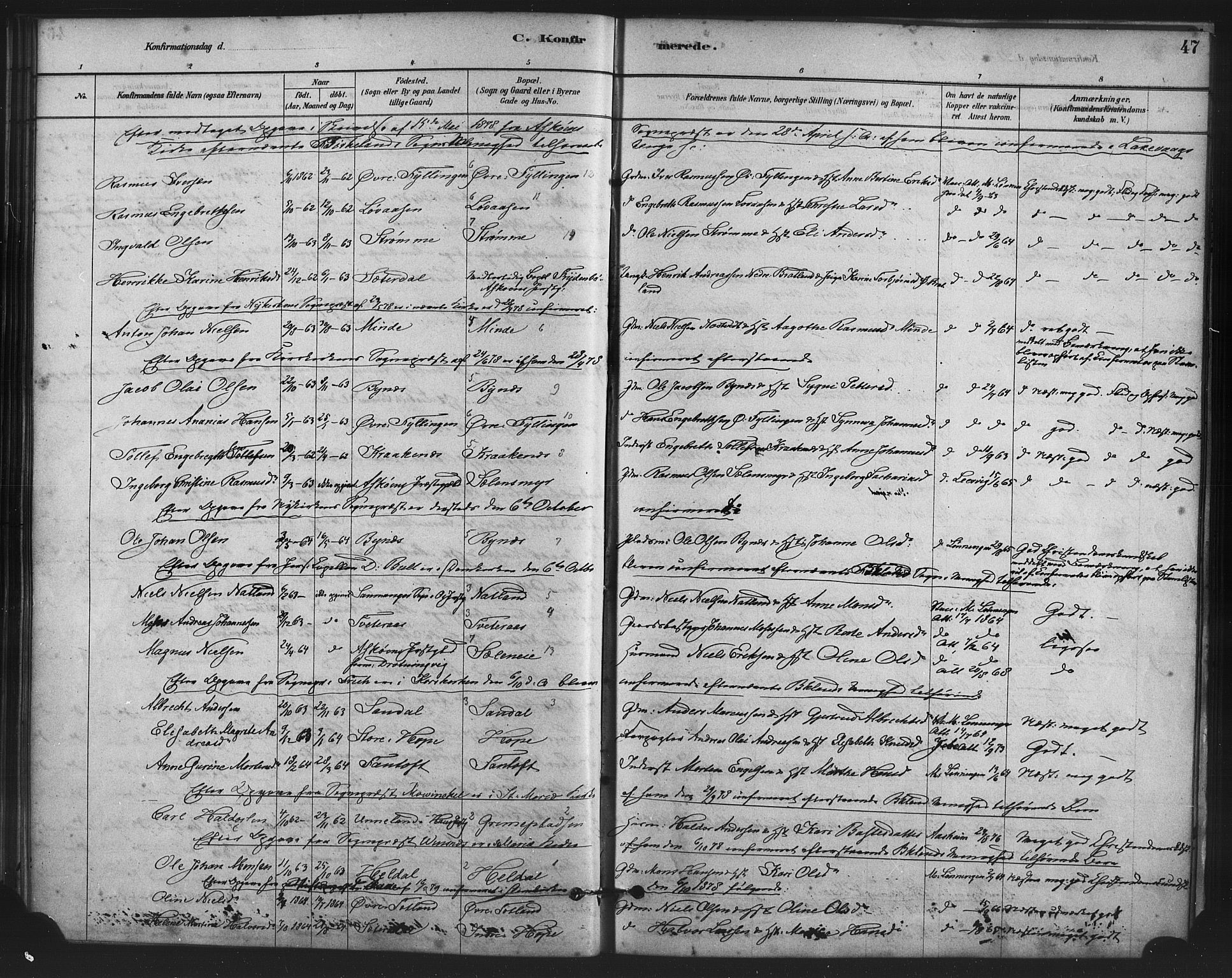 Fana Sokneprestembete, AV/SAB-A-75101/H/Haa/Haai/L0001: Parish register (official) no. I 1, 1878-1888, p. 47