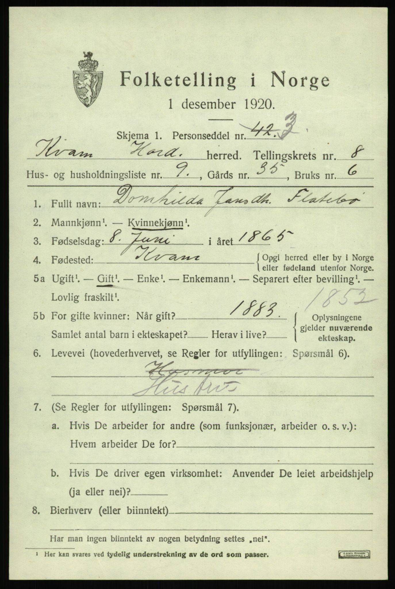 SAB, 1920 census for Kvam, 1920, p. 5247