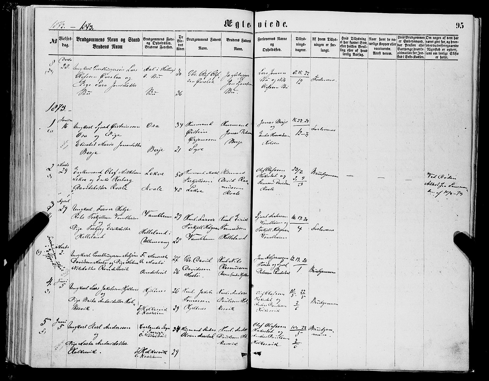 Ulvik sokneprestembete, SAB/A-78801/H/Hab: Parish register (copy) no. A 2, 1869-1882, p. 95